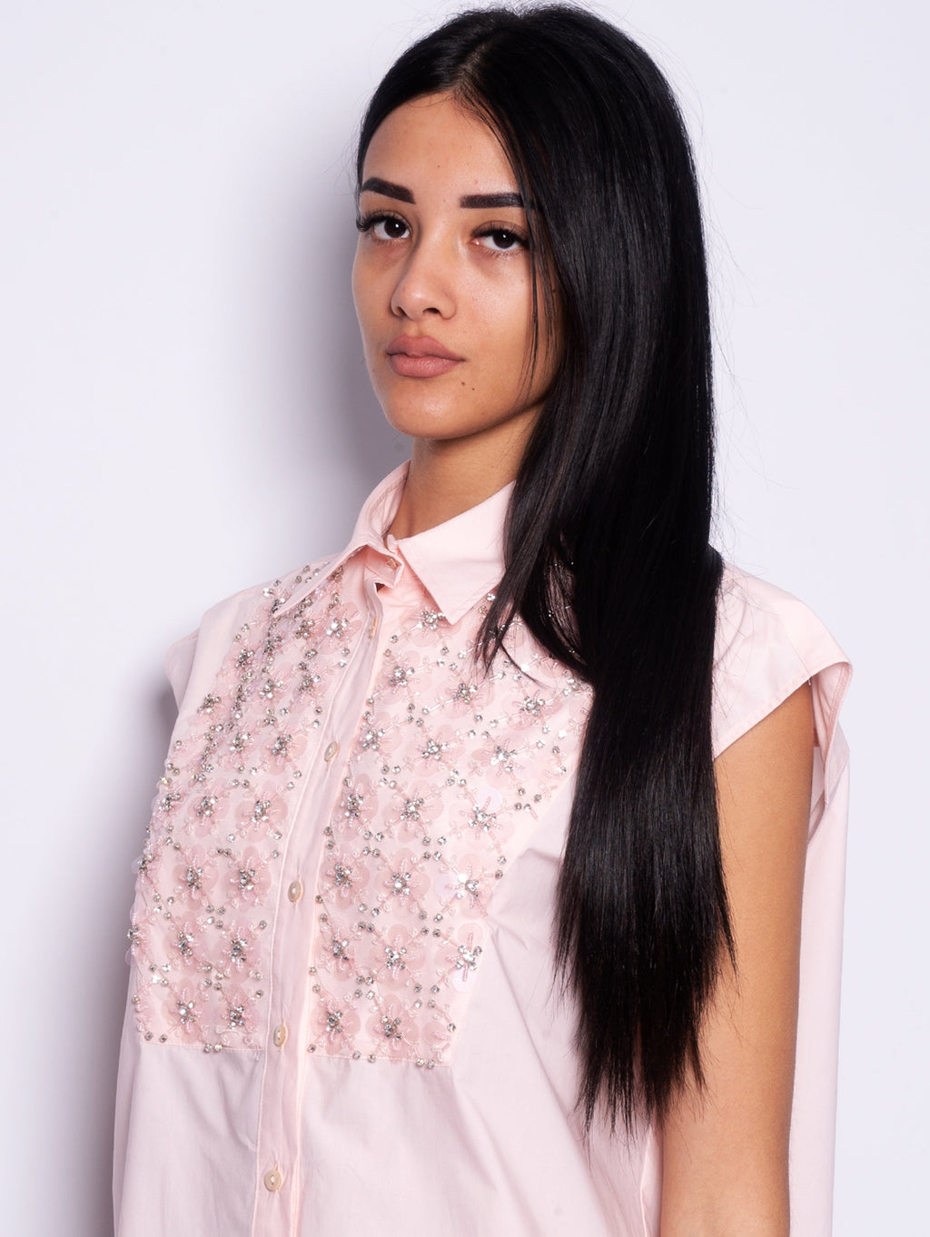 2026 New Arrival Camicia con Ricamo in Cristalli e Paillettes Fior di Pesco