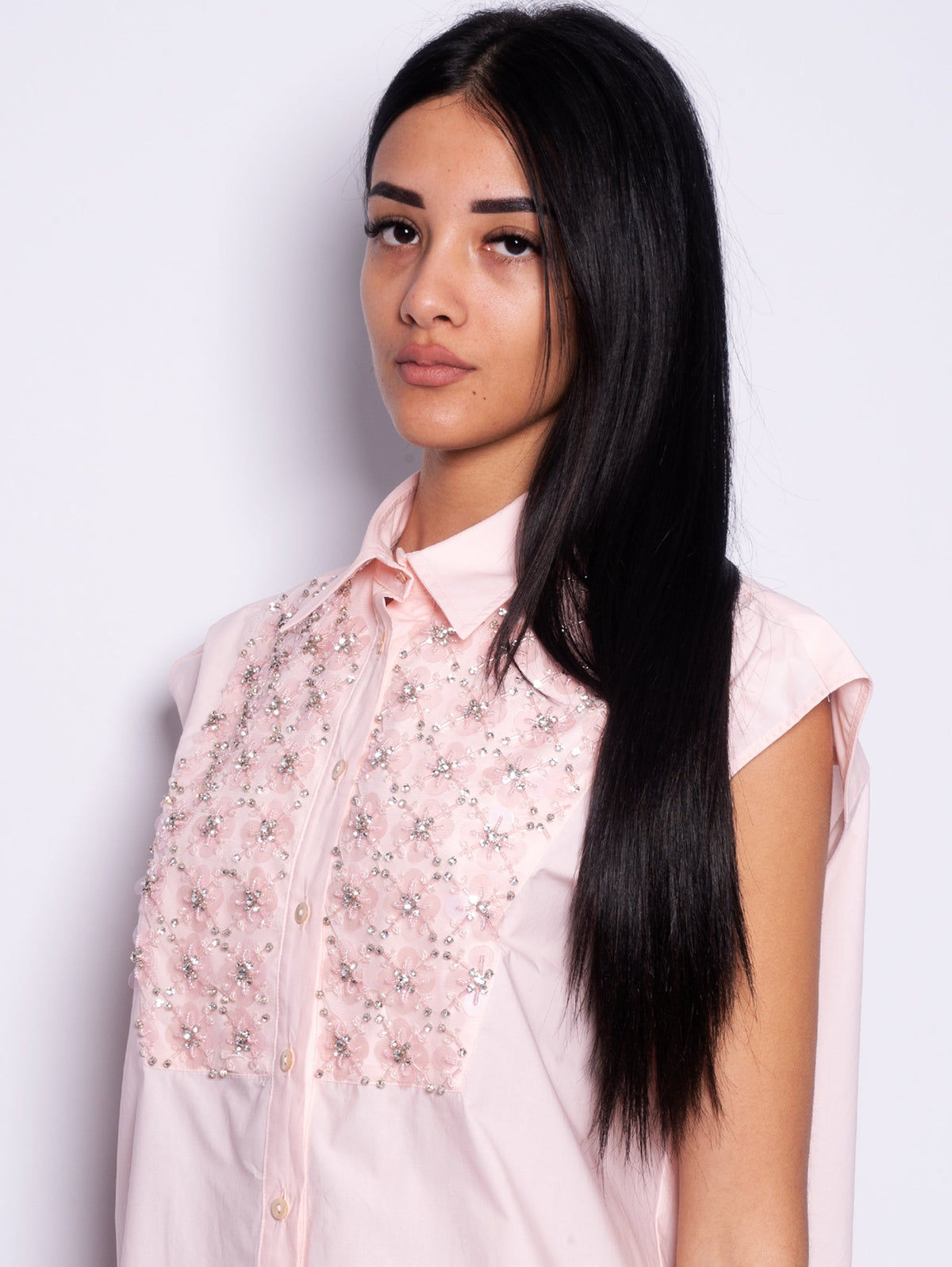 2026 New Arrival Camicia con Ricamo in Cristalli e Paillettes Fior di Pesco