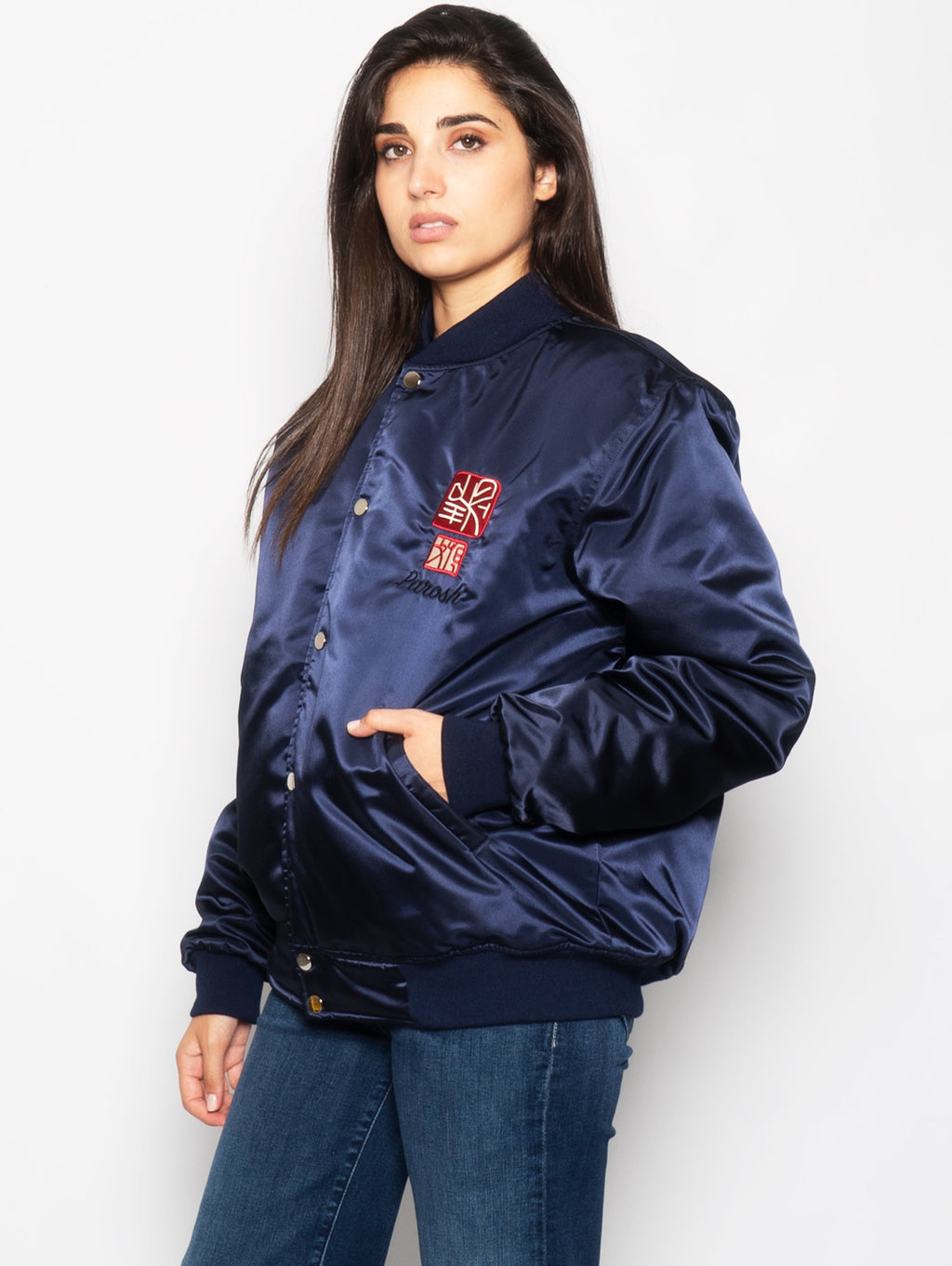 2026 New Arrival Bomber Ricamo Tigre in Acetato Blu