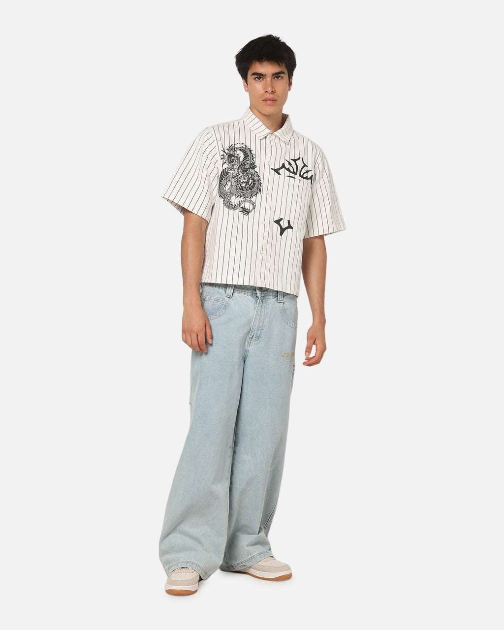 New Products Ed Hardy Euro Short Sleeve Button Up Shirt White Pinstripe