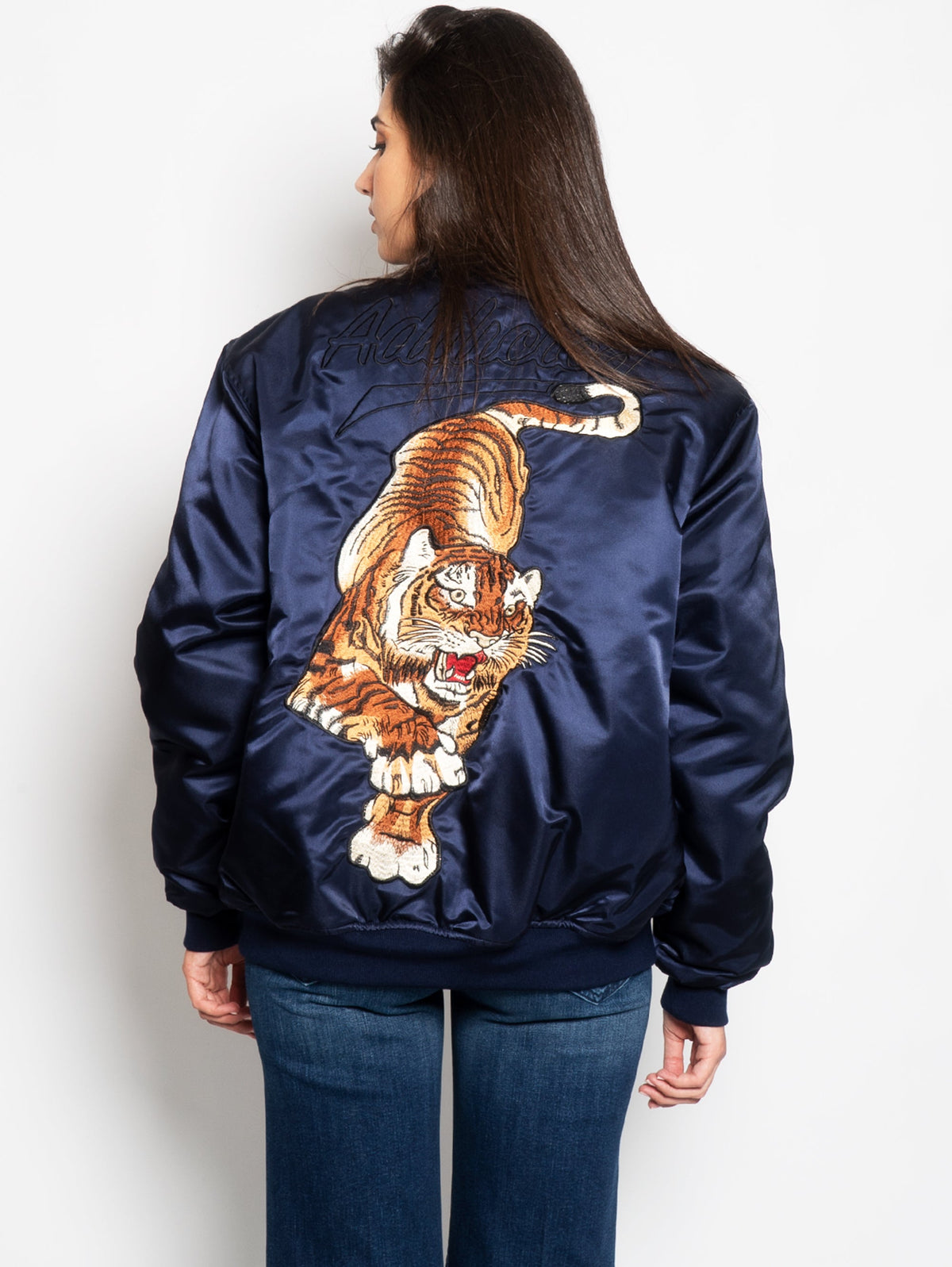 2026 New Arrival Bomber Ricamo Tigre in Acetato Blu
