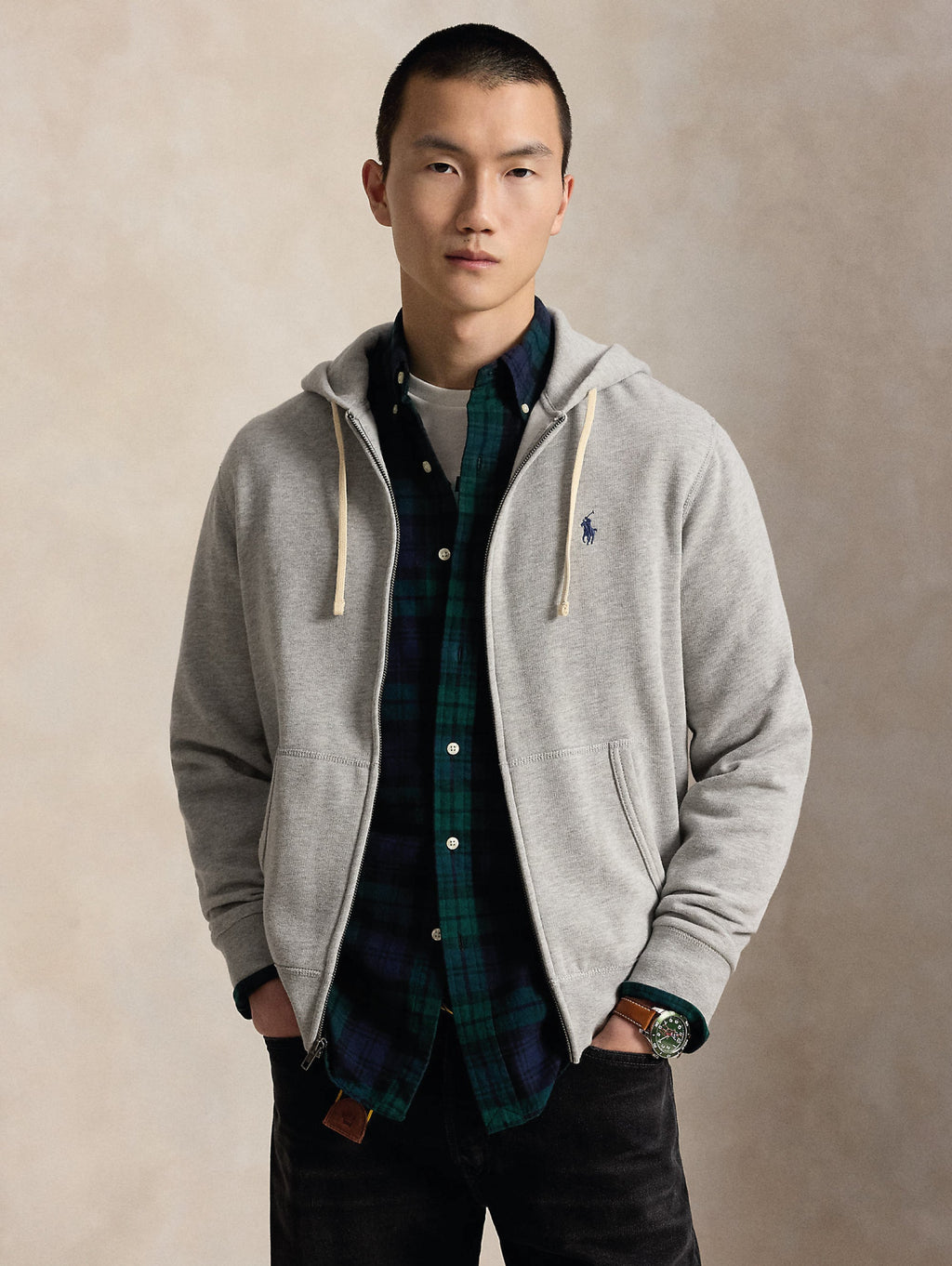 2026 New Arrival Felpa Full zip in Misto Cotone con Cappuccio Grigio
