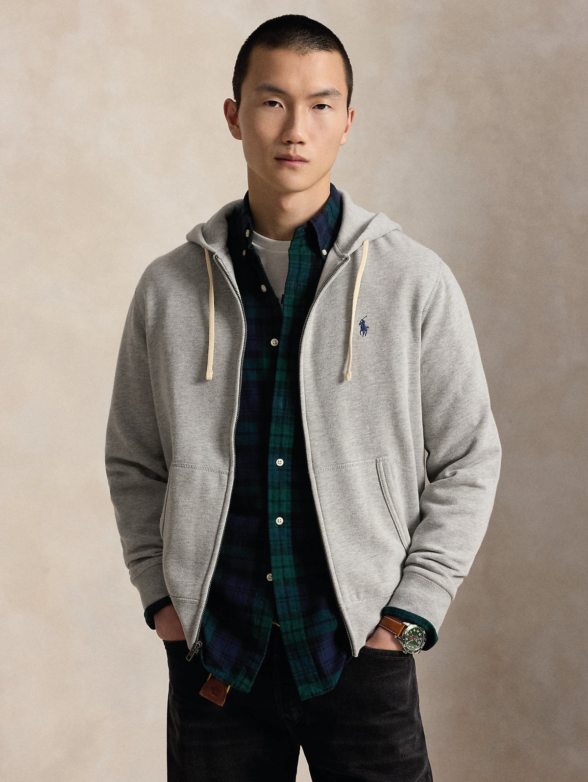 2026 New Arrival Felpa Full zip in Misto Cotone con Cappuccio Grigio