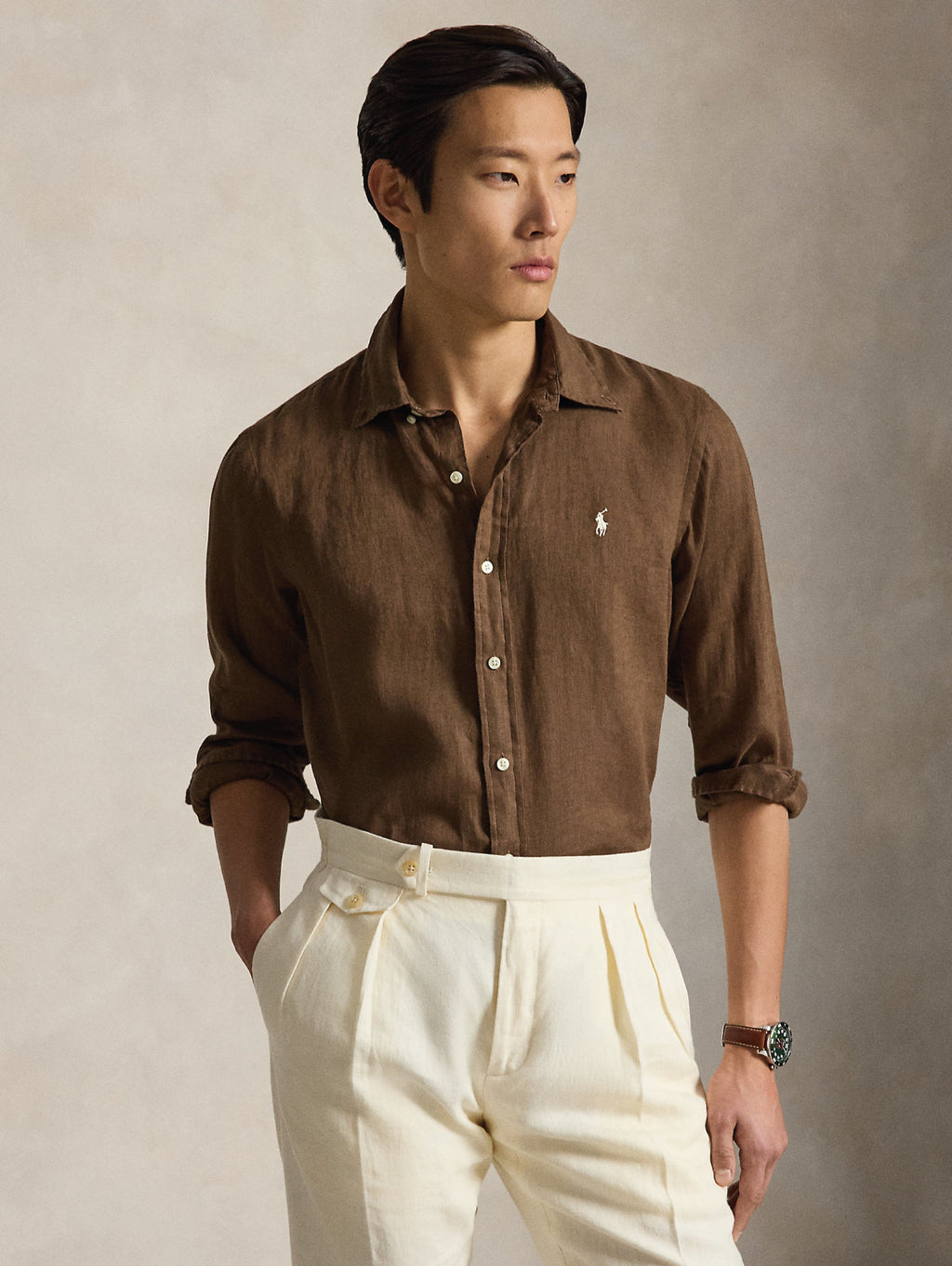 2026 New Arrival Camicia in Lino Custom Fit Marrone