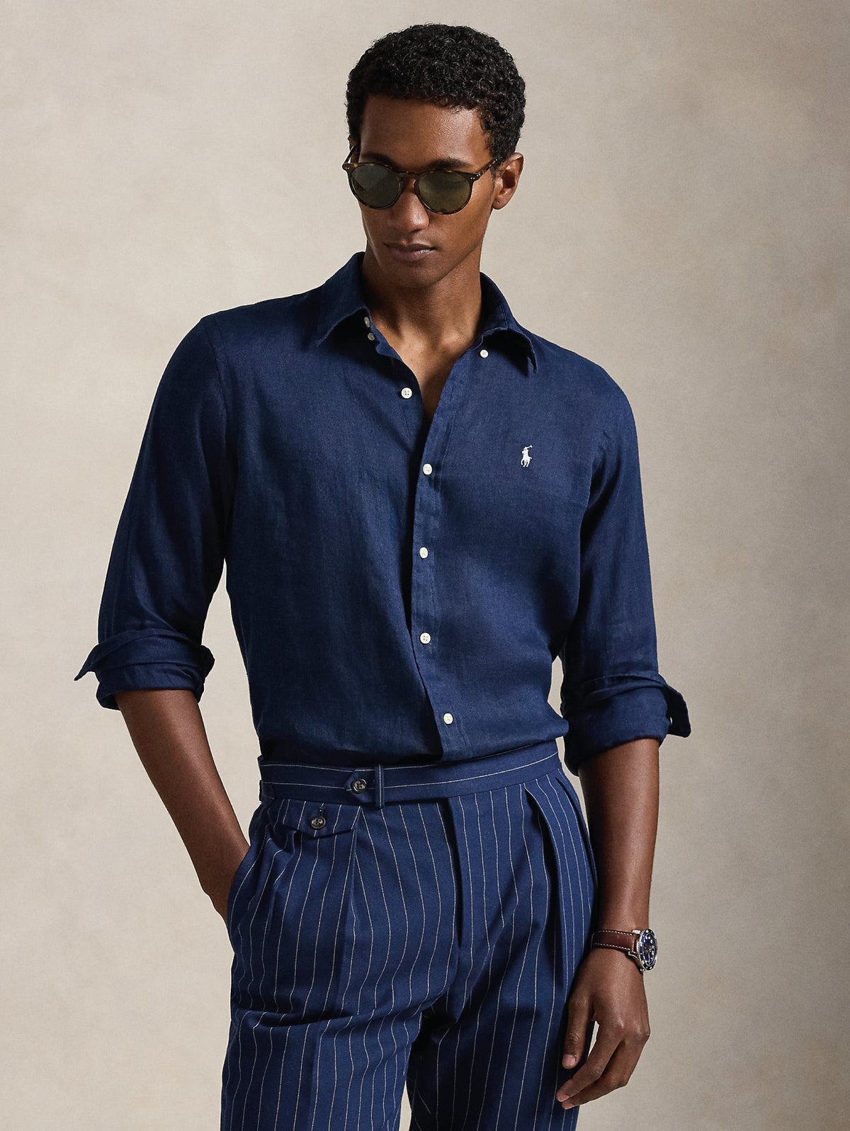 2026 New Arrival Camicia in Lino Custom Fit Blu Navy