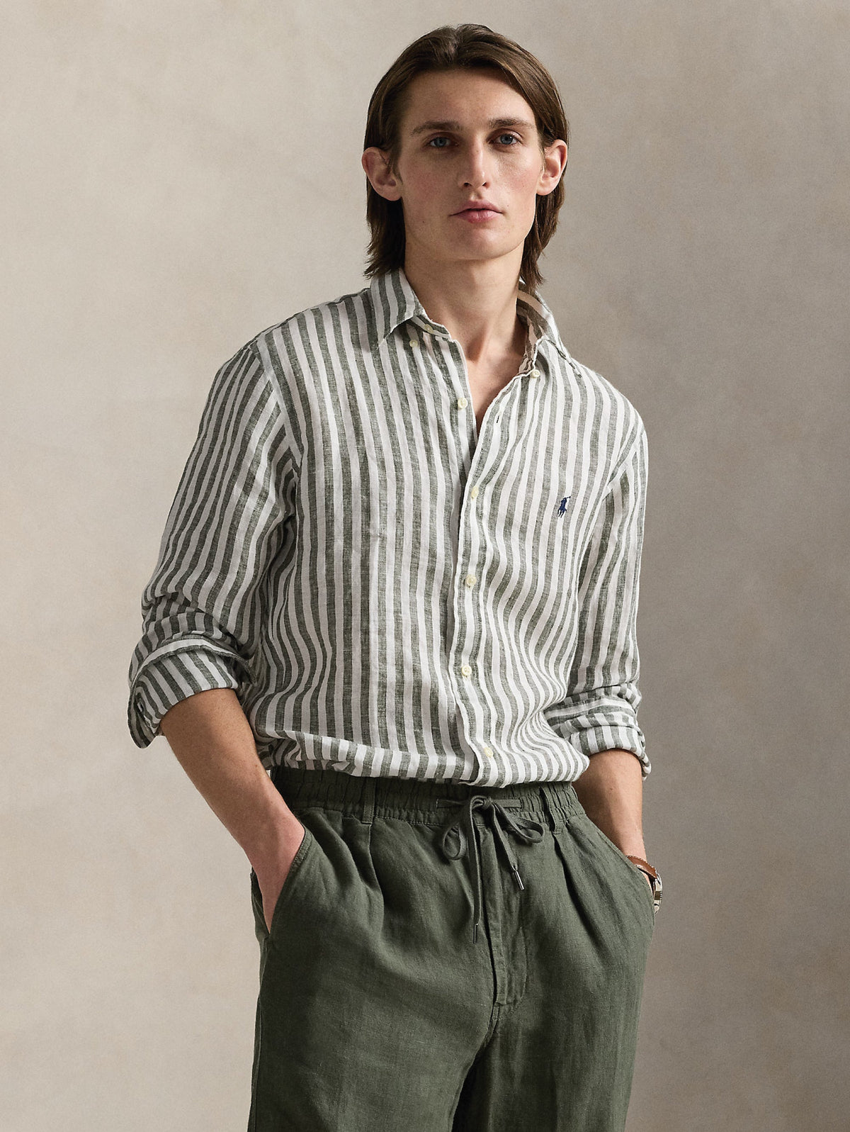2026 New Arrival Camicia in Lino a Righe Larghe Custom Fit Verde/Bianco