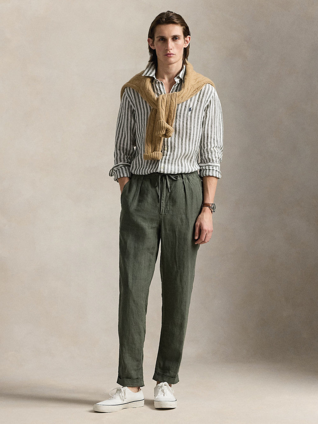 2026 New Arrival Camicia in Lino a Righe Larghe Custom Fit Verde/Bianco