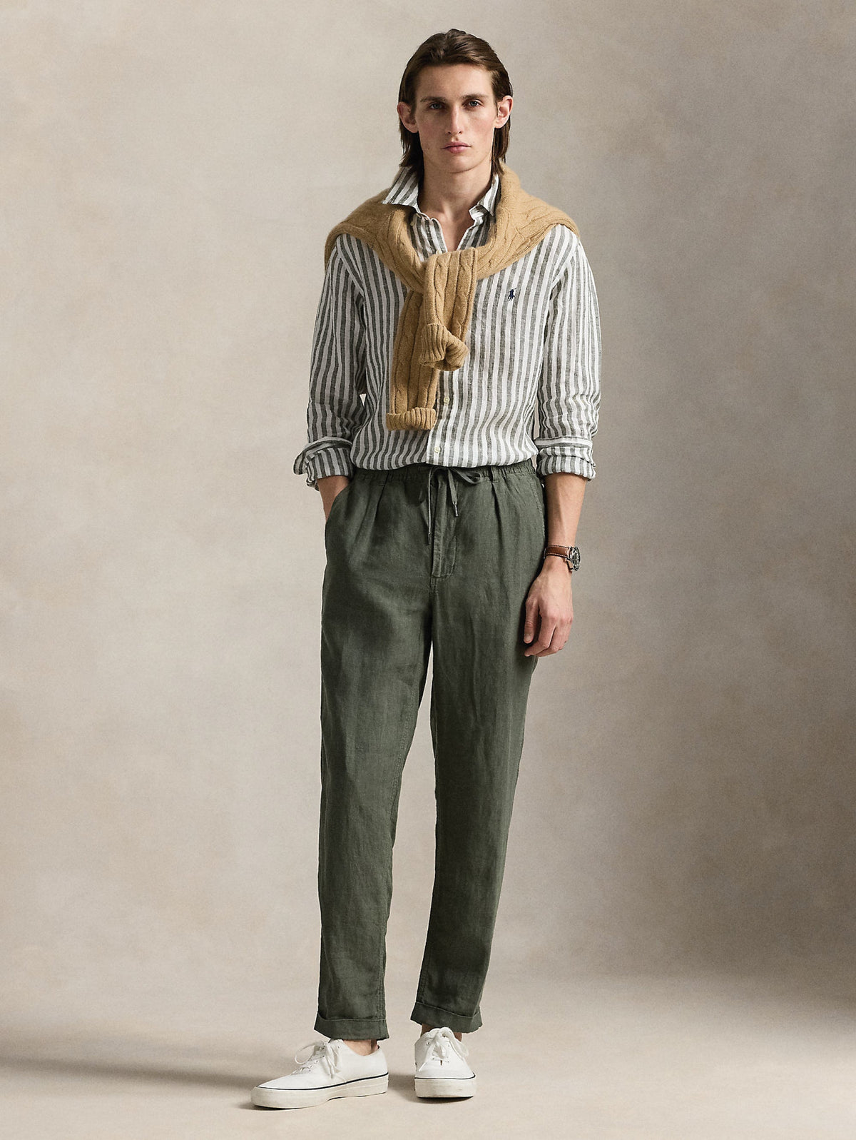 2026 New Arrival Camicia in Lino a Righe Larghe Custom Fit Verde/Bianco