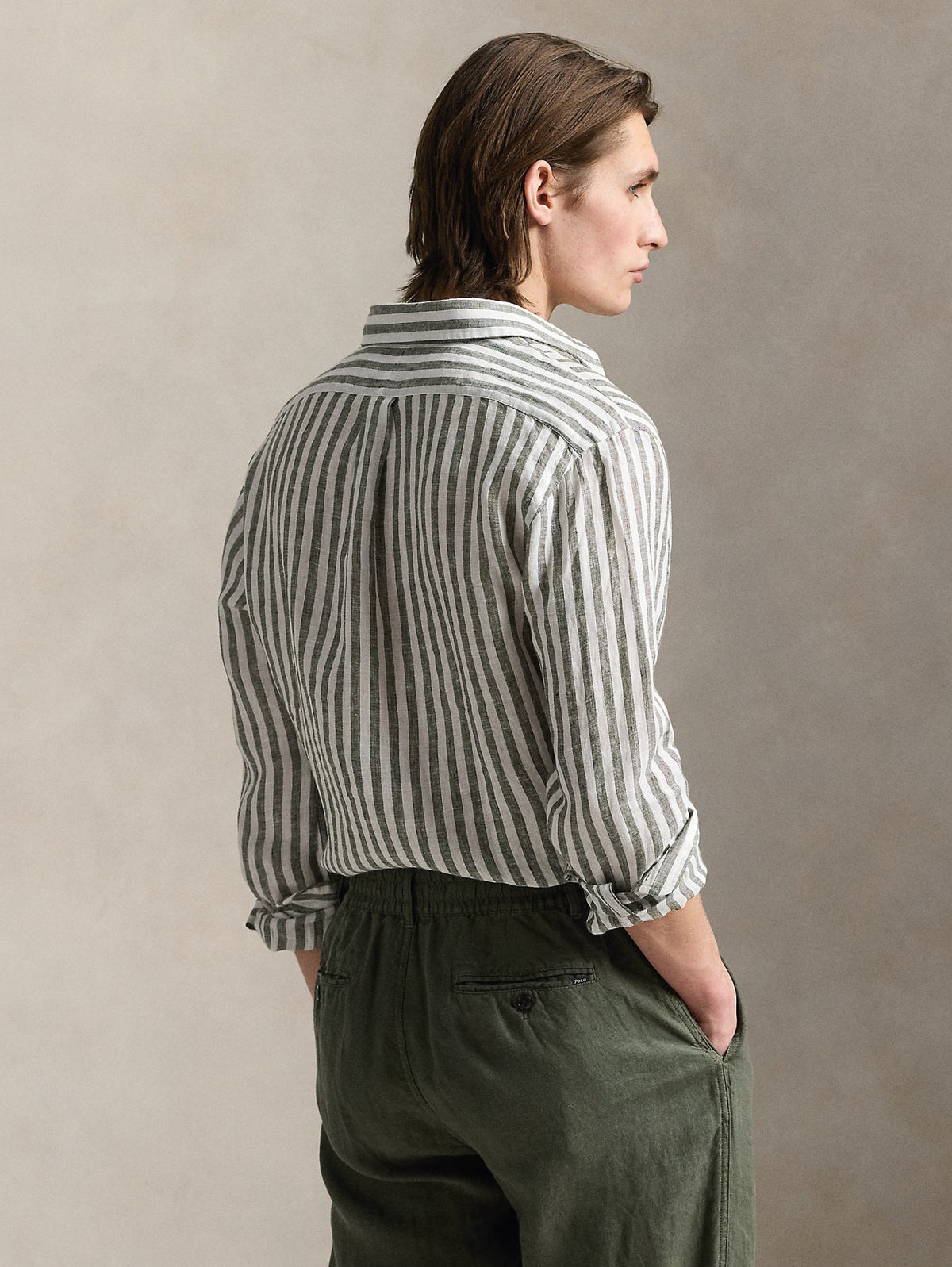 2026 New Arrival Camicia in Lino a Righe Larghe Custom Fit Verde/Bianco
