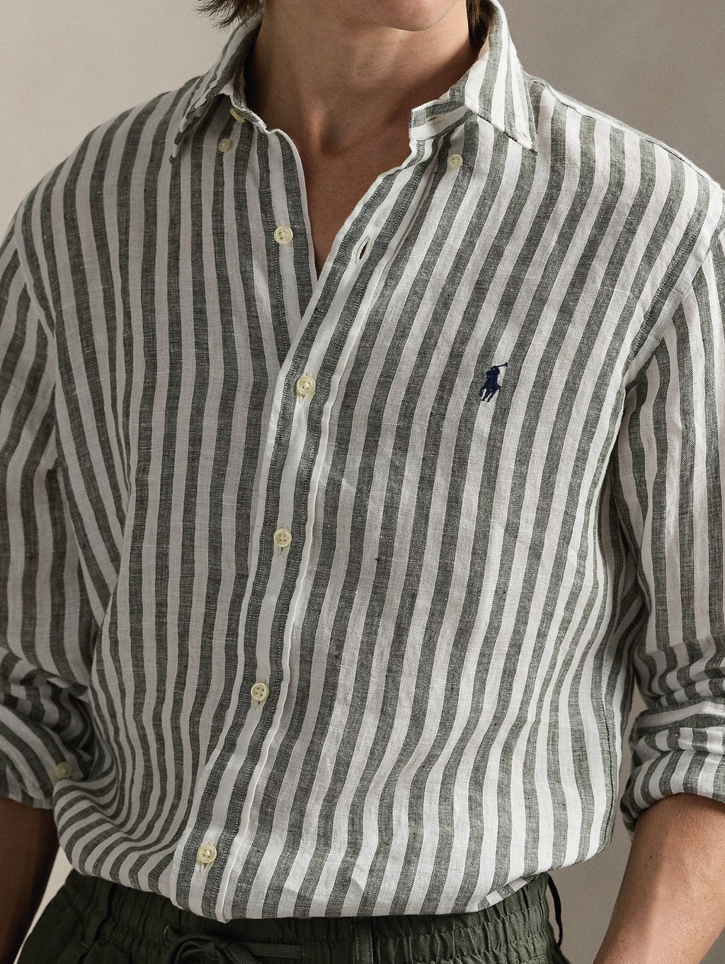 2026 New Arrival Camicia in Lino a Righe Larghe Custom Fit Verde/Bianco