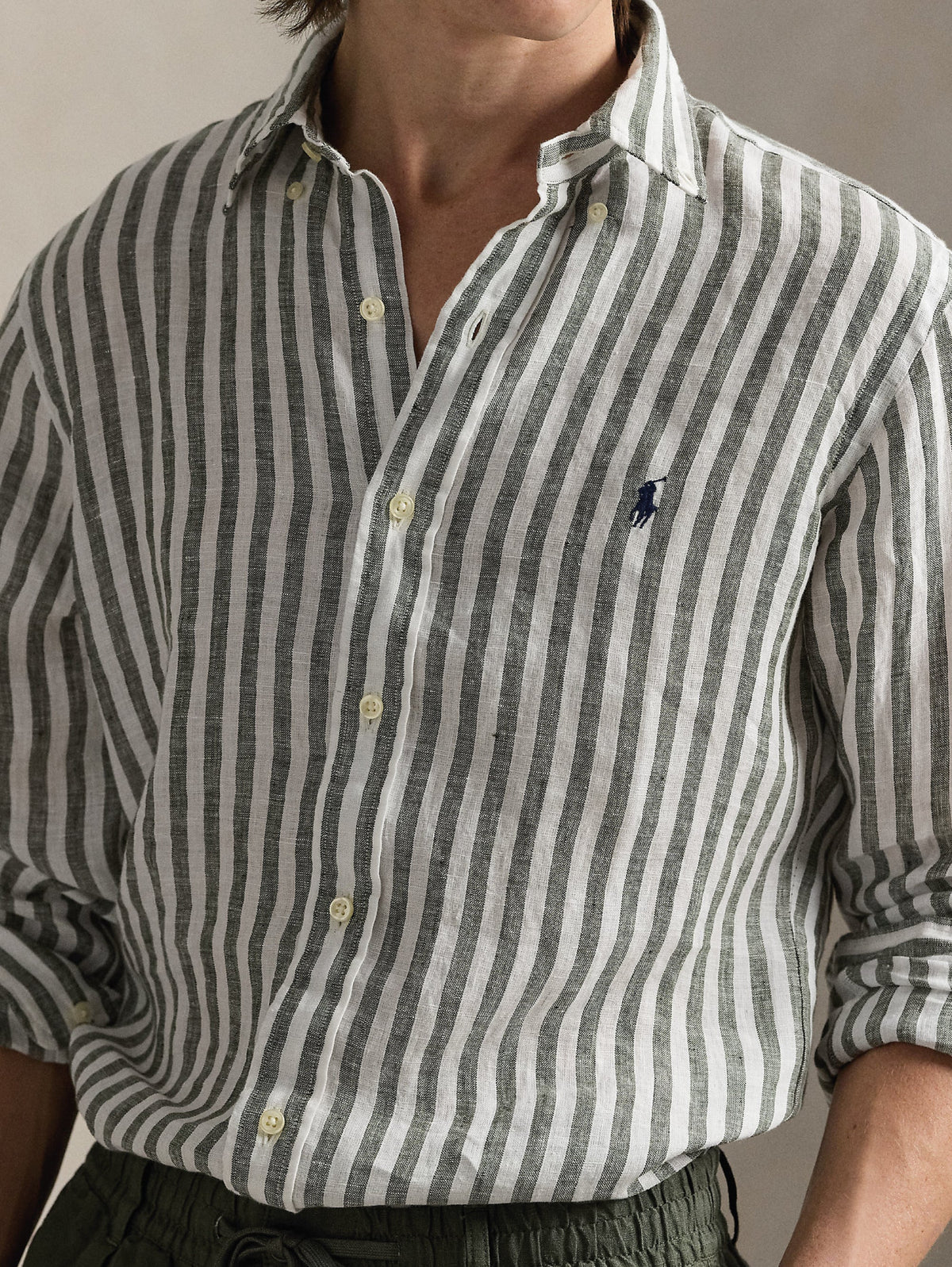2026 New Arrival Camicia in Lino a Righe Larghe Custom Fit Verde/Bianco
