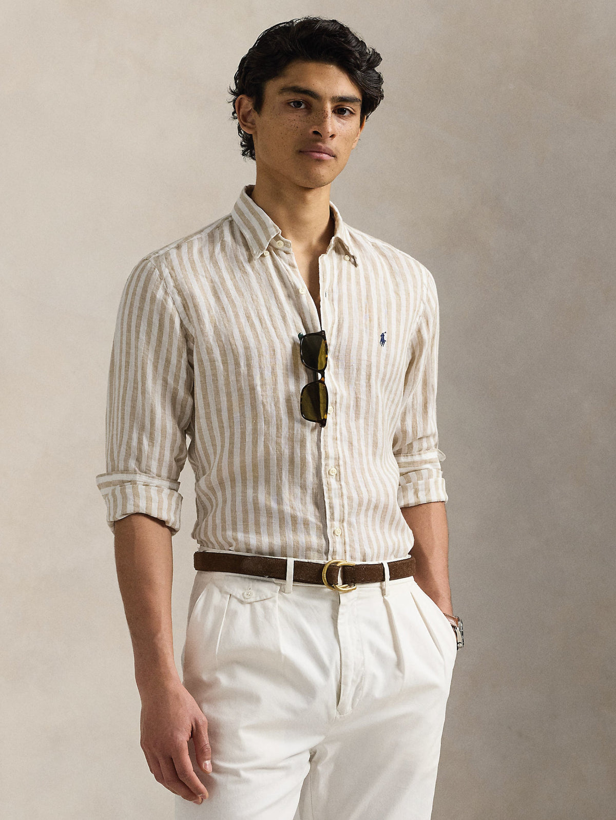 2026 New Arrival Camicia in Lino a Righe Larghe Custom Fit Beige/Bianco
