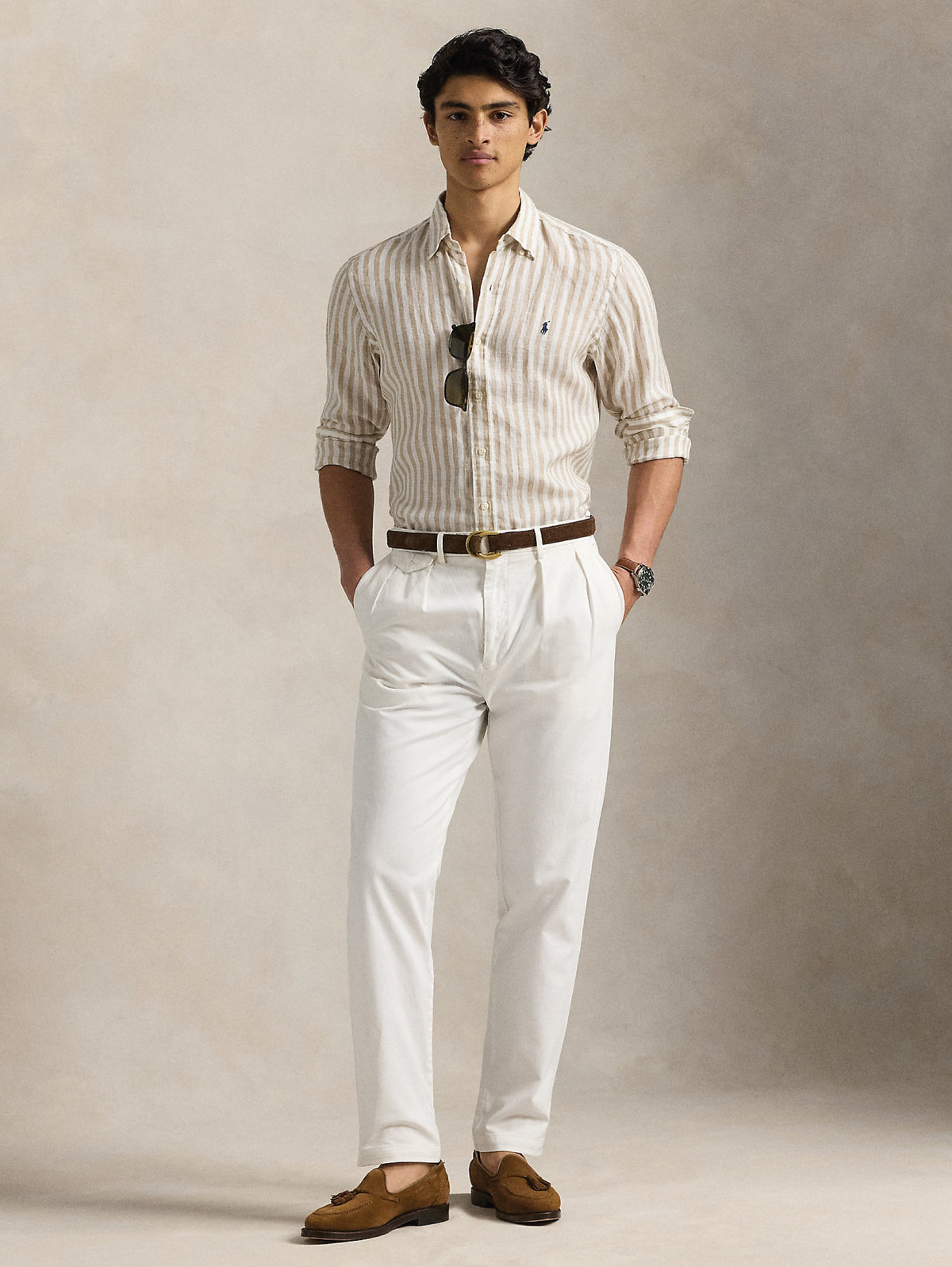 2026 New Arrival Camicia in Lino a Righe Larghe Custom Fit Beige/Bianco