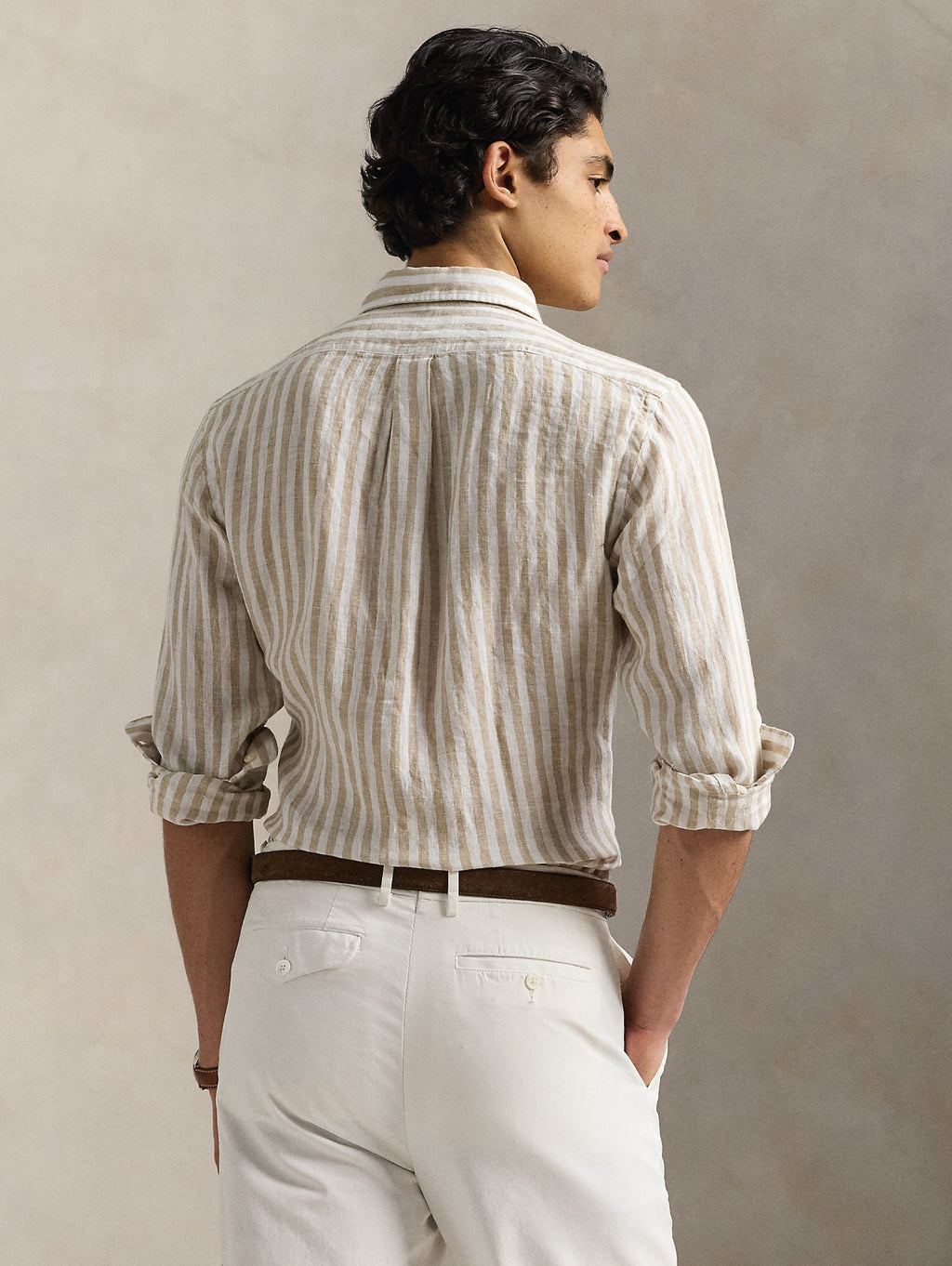 2026 New Arrival Camicia in Lino a Righe Larghe Custom Fit Beige/Bianco