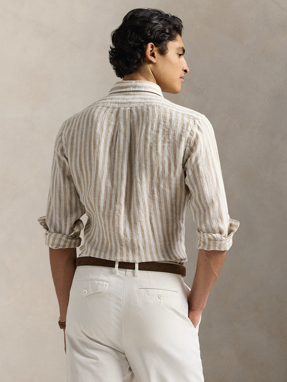 2026 New Arrival Camicia in Lino a Righe Larghe Custom Fit Beige/Bianco