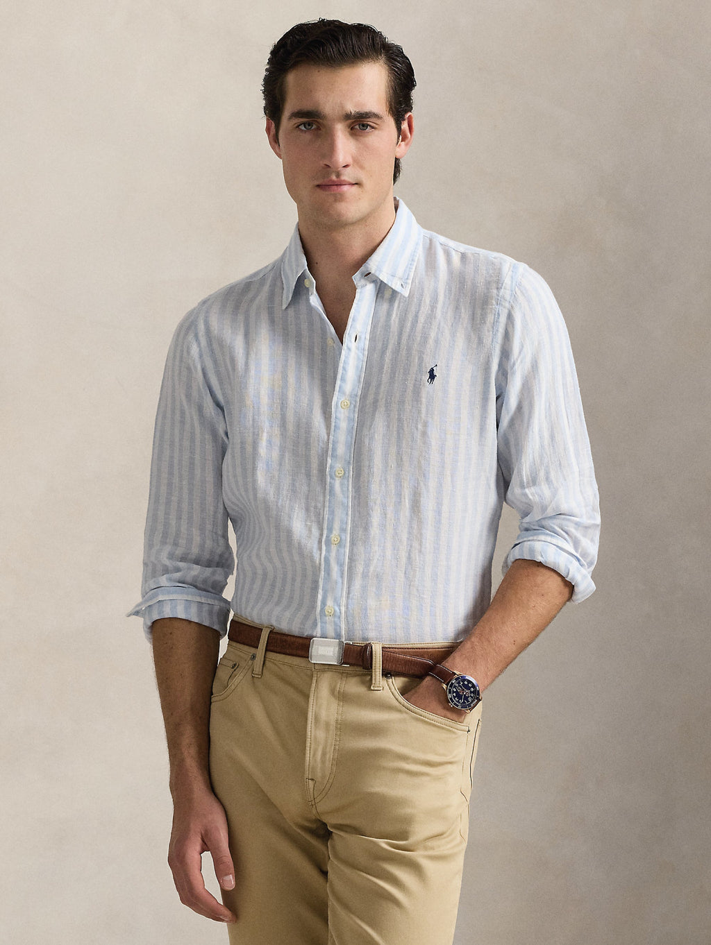 2026 New Arrival Camicia in Lino a Righe Larghe Custom Fit Celeste/Bianco