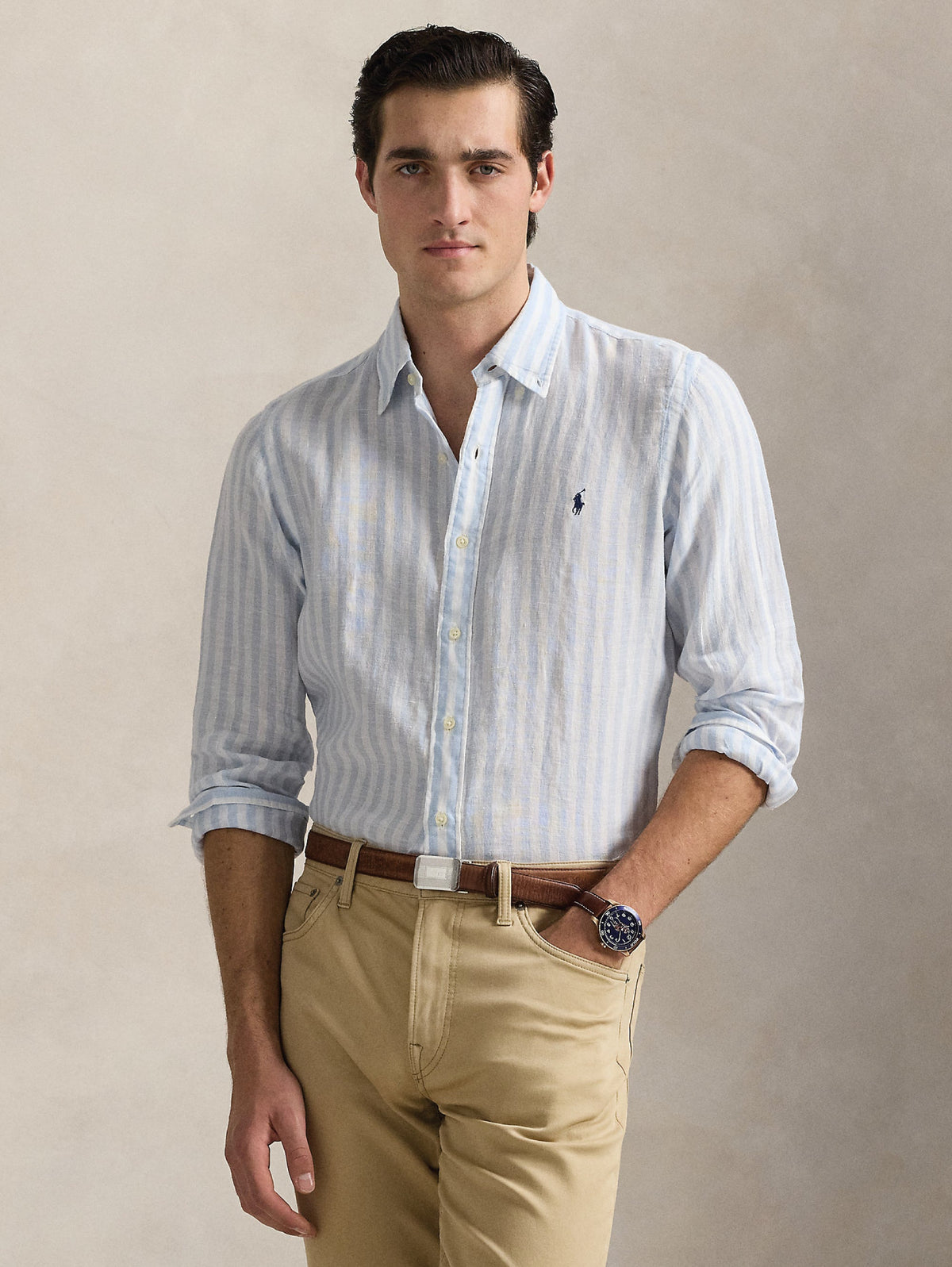 2026 New Arrival Camicia in Lino a Righe Larghe Custom Fit Celeste/Bianco