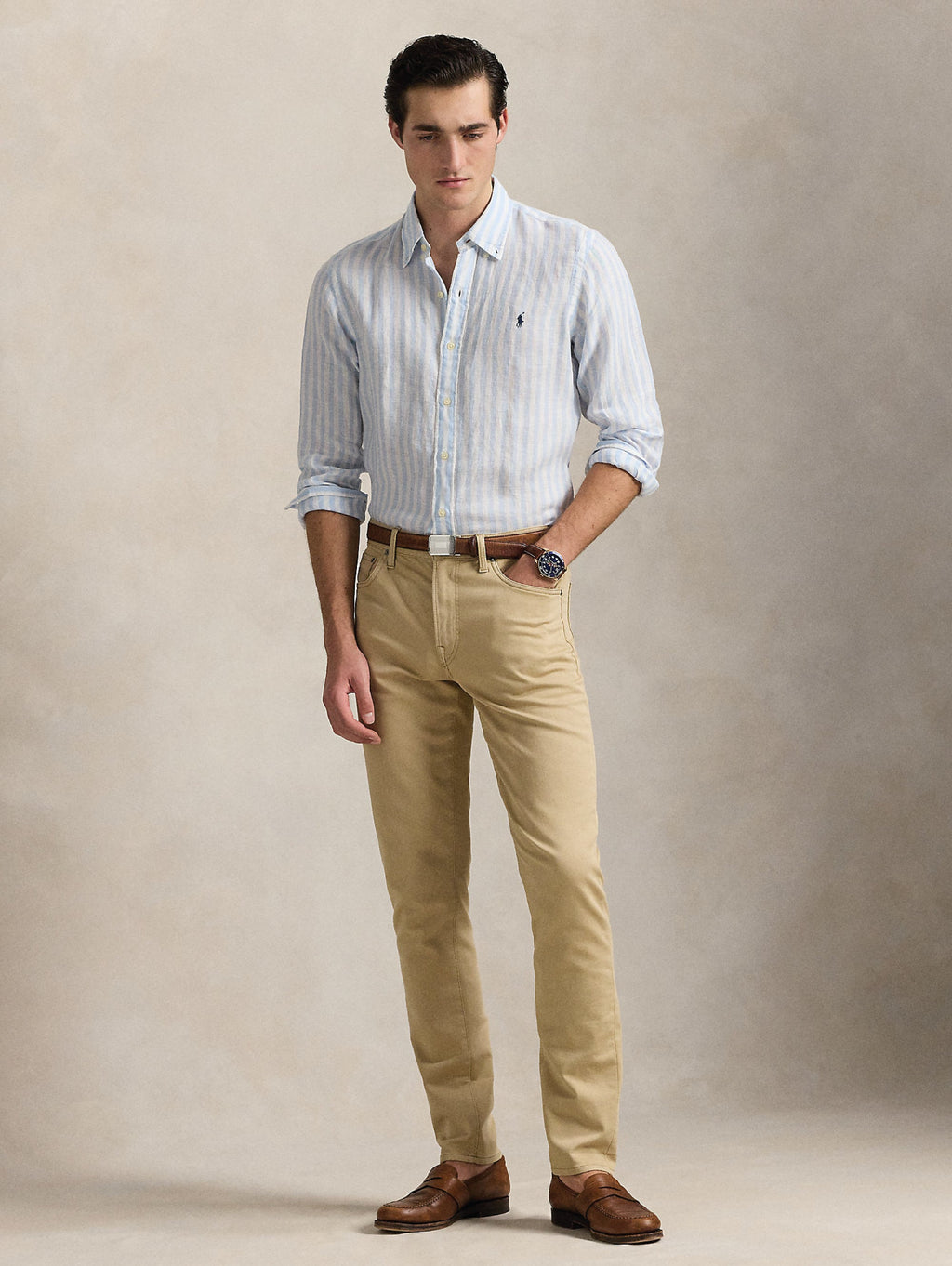 2026 New Arrival Camicia in Lino a Righe Larghe Custom Fit Celeste/Bianco