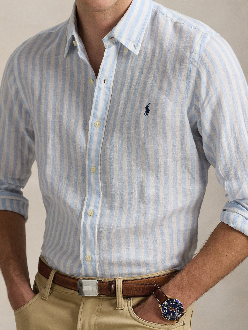 2026 New Arrival Camicia in Lino a Righe Larghe Custom Fit Celeste/Bianco