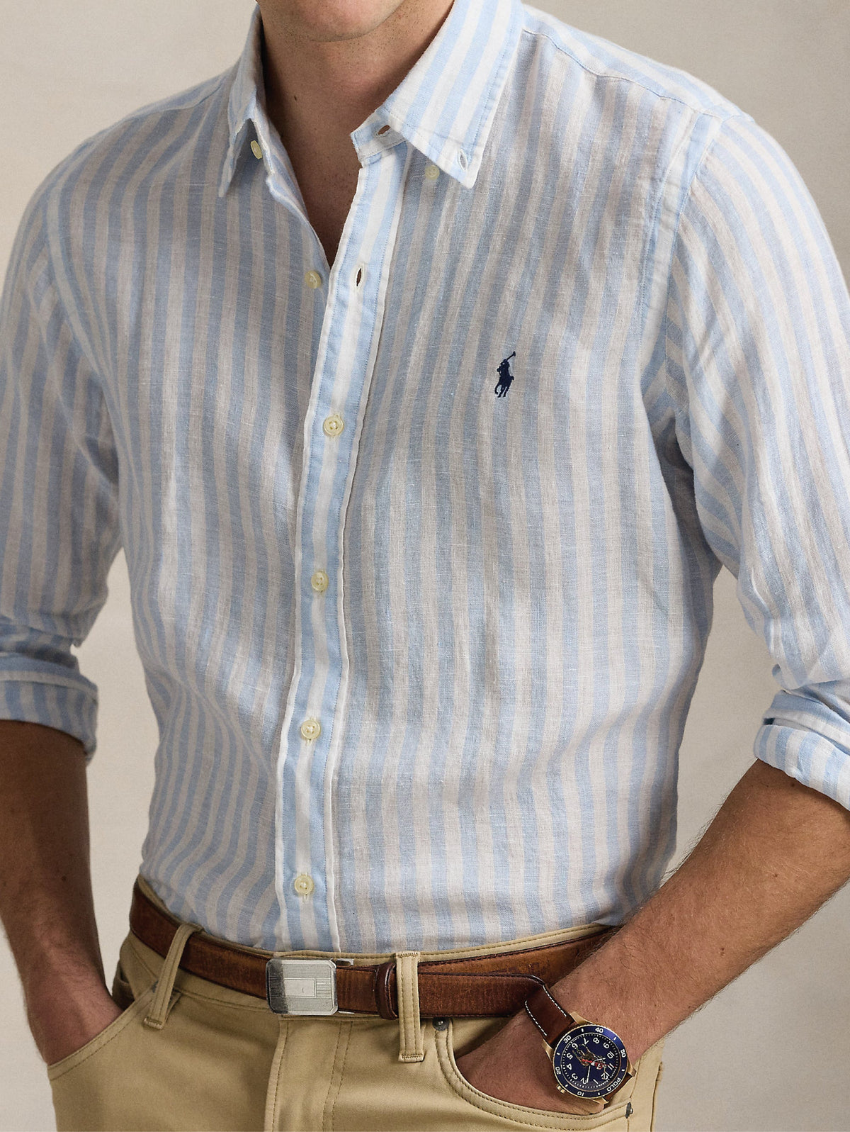 2026 New Arrival Camicia in Lino a Righe Larghe Custom Fit Celeste/Bianco