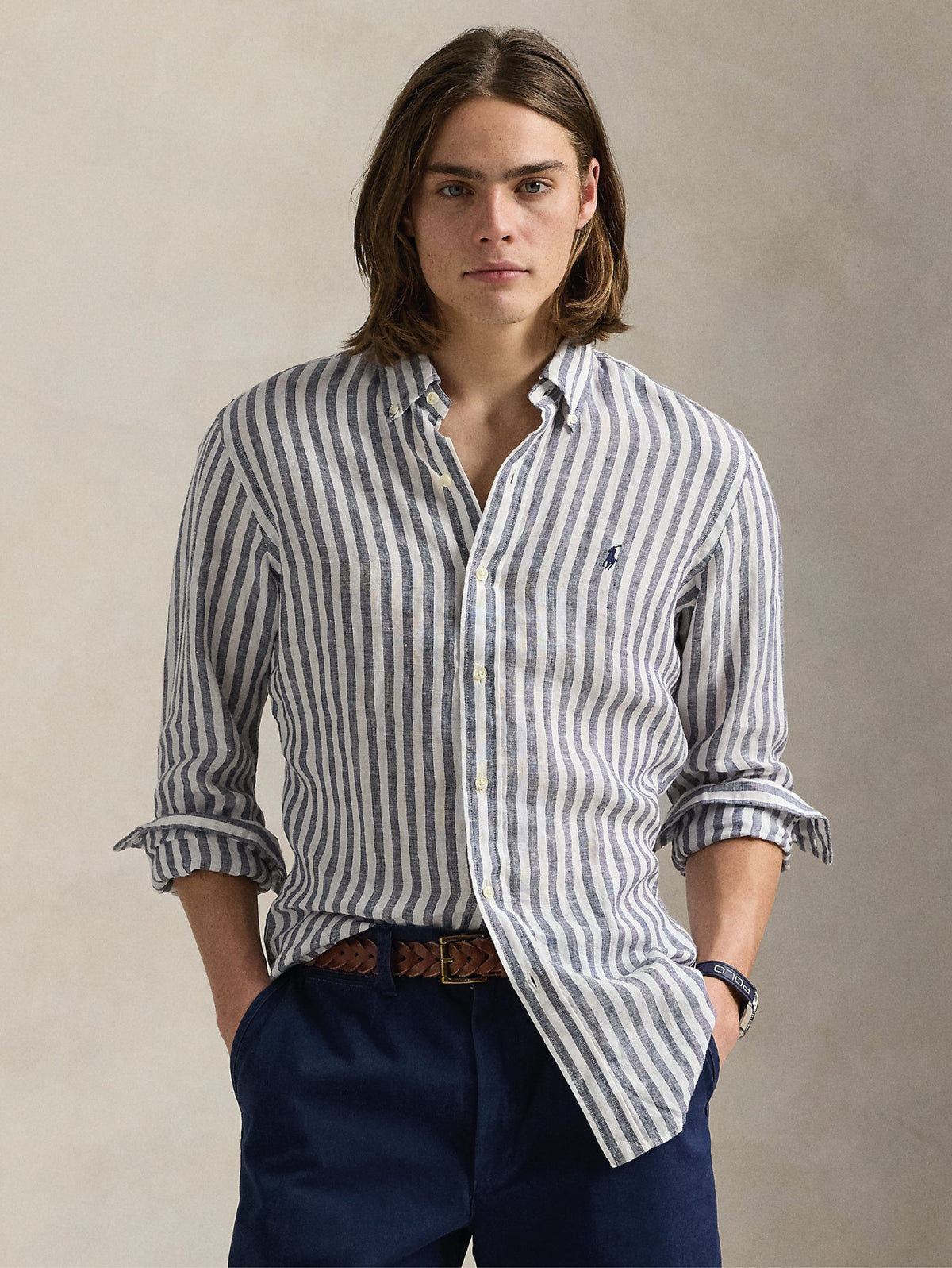 2026 New Arrival Camicia in Lino a Righe Larghe Custom Fit Blu/Bianco