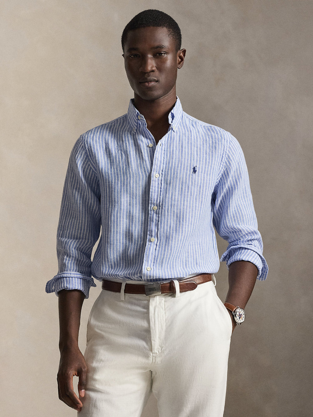2026 New Arrival Camicia in Lino Custom Fit a Righe Blu/Bianco