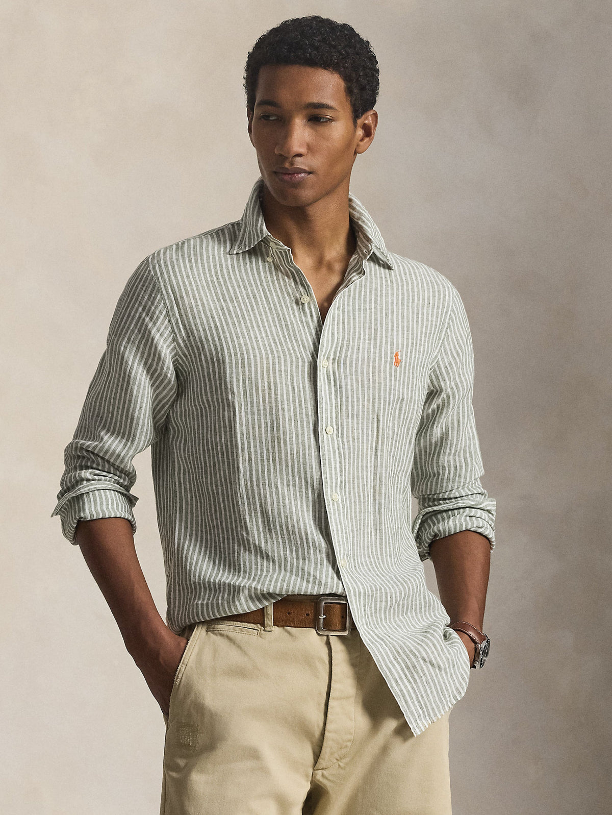 2026 New Arrival Camicia in Lino Custom Fit a Righe Verde/Bianco