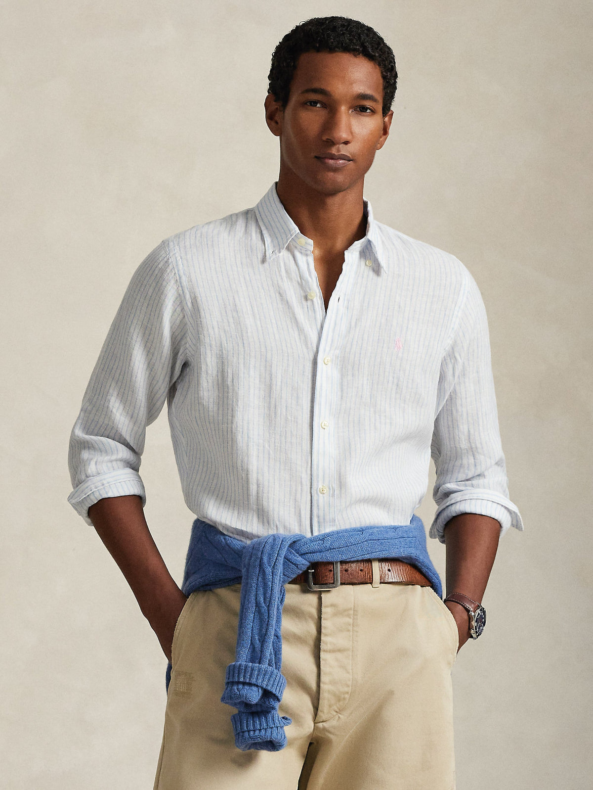 2026 New Arrival Camicia in Lino Custom Fit a Righe Bianco/Celeste