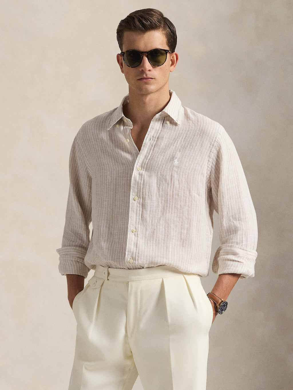 2026 New Arrival Camicia in Lino Custom Fit a Righe Beige/Bianco