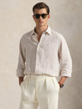 2026 New Arrival Camicia in Lino Custom Fit a Righe Beige/Bianco