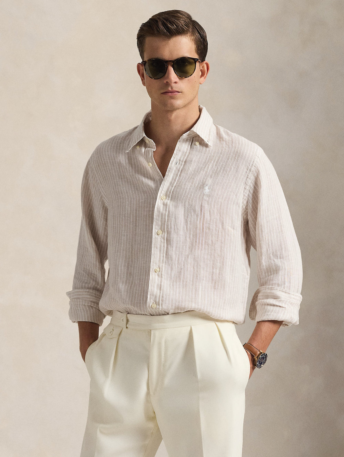 2026 New Arrival Camicia in Lino Custom Fit a Righe Beige/Bianco