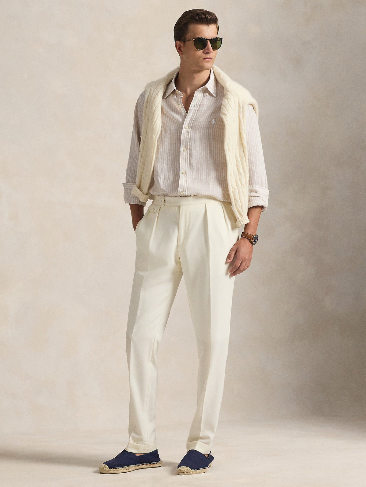2026 New Arrival Camicia in Lino Custom Fit a Righe Beige/Bianco