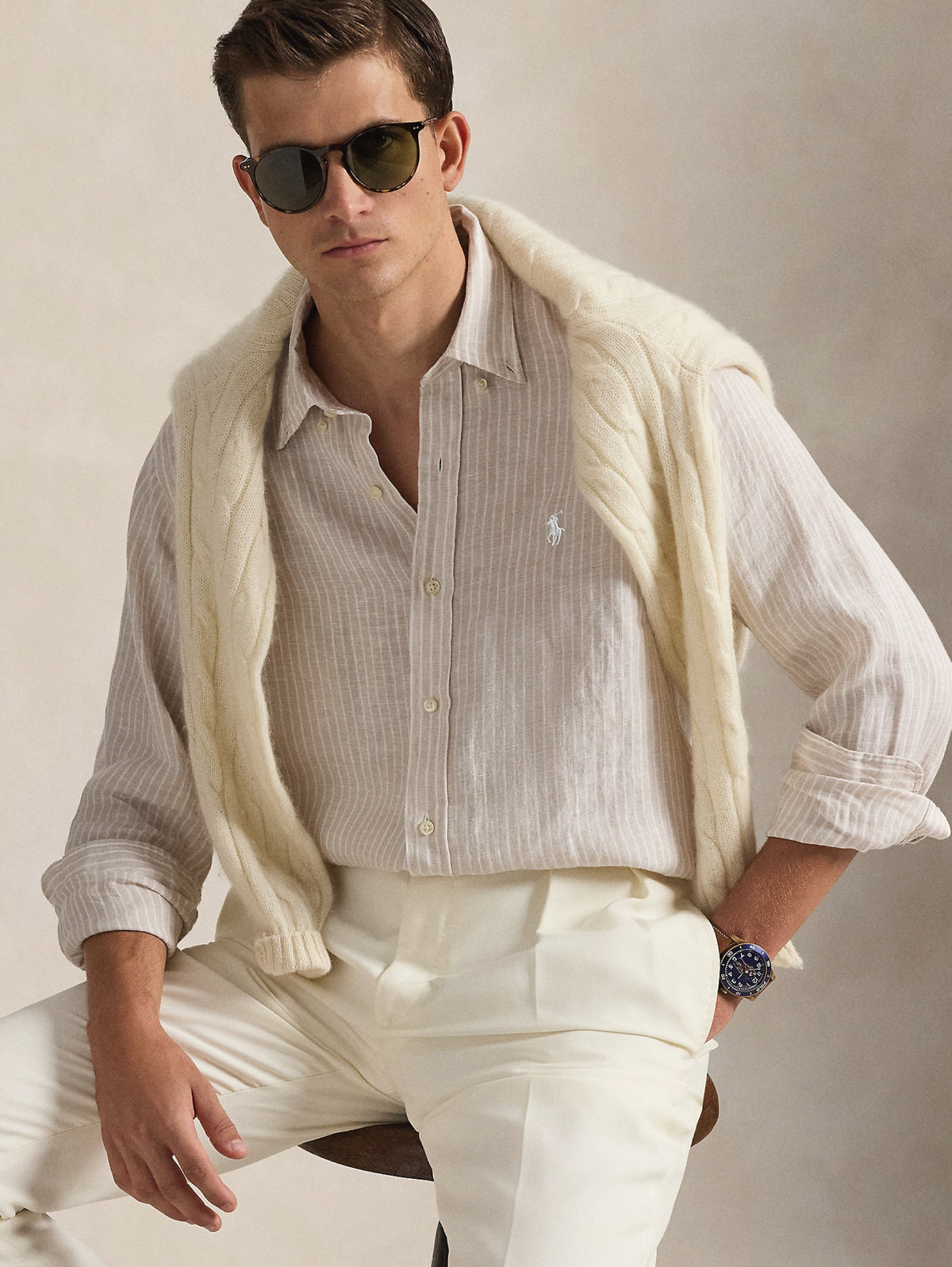 2026 New Arrival Camicia in Lino Custom Fit a Righe Beige/Bianco