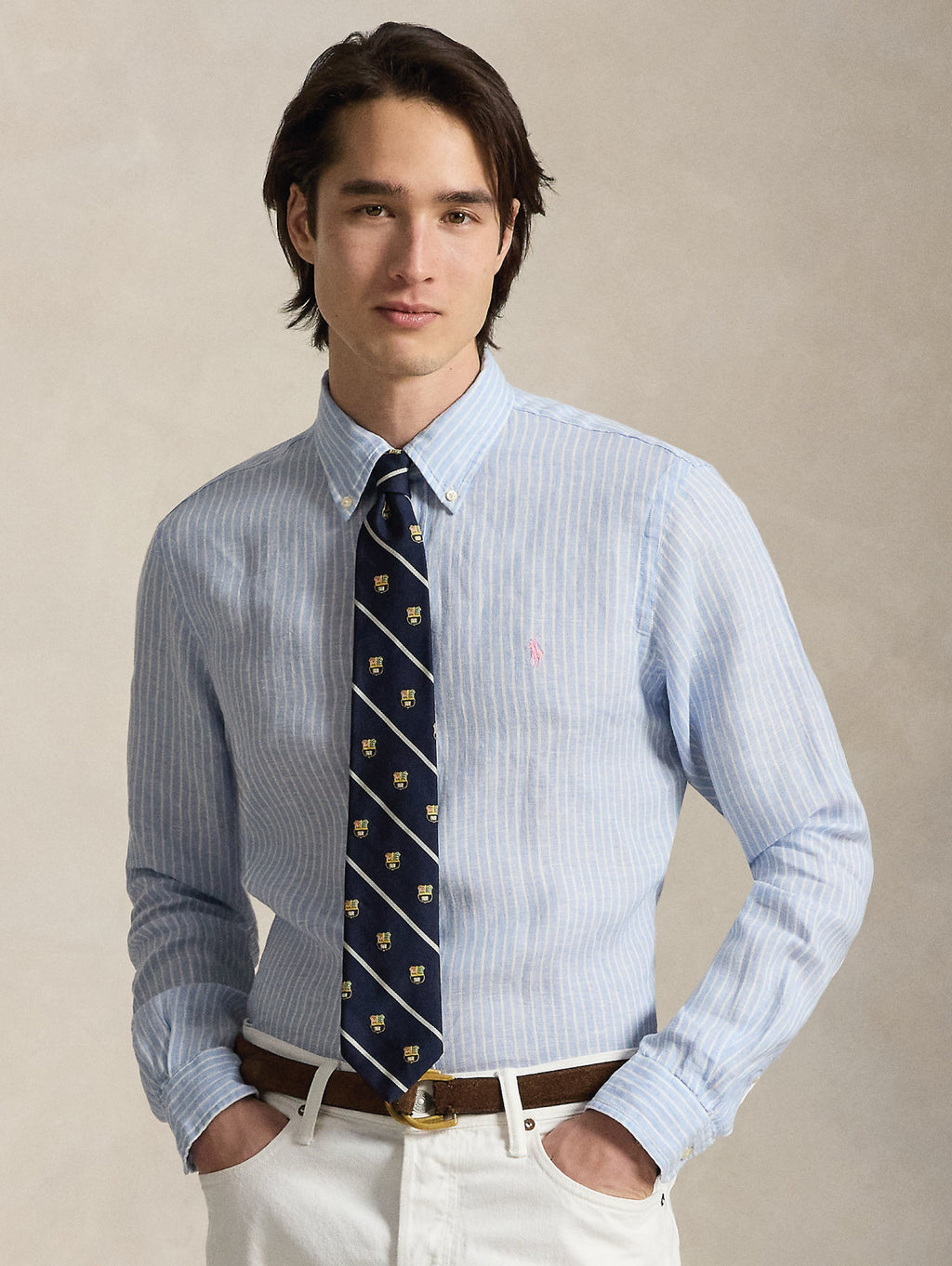 2026 New Arrival Camicia in Lino Custom Fit a Righe Celeste/Bianco