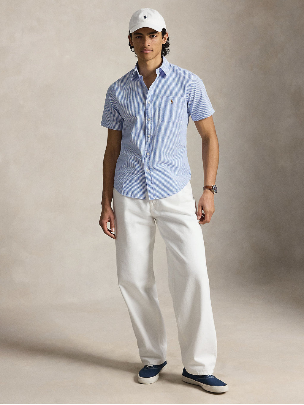 2026 New Arrival Camicia Maniche Corte Seersucker a Righe Celeste