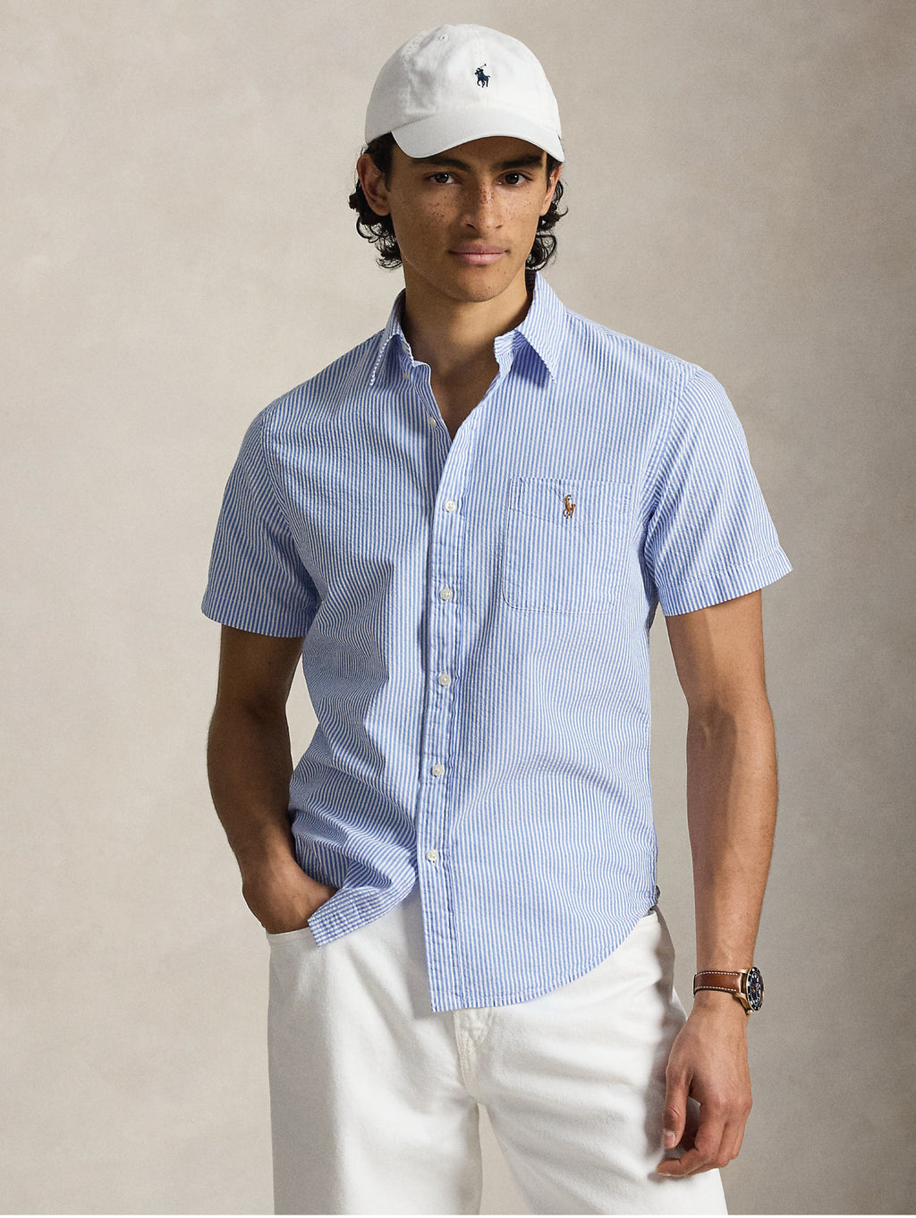 2026 New Arrival Camicia Maniche Corte Seersucker a Righe Celeste