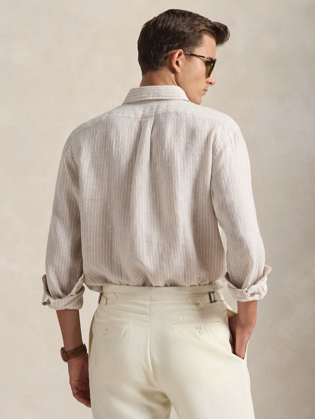 2026 New Arrival Camicia in Lino Custom Fit a Righe Beige/Bianco