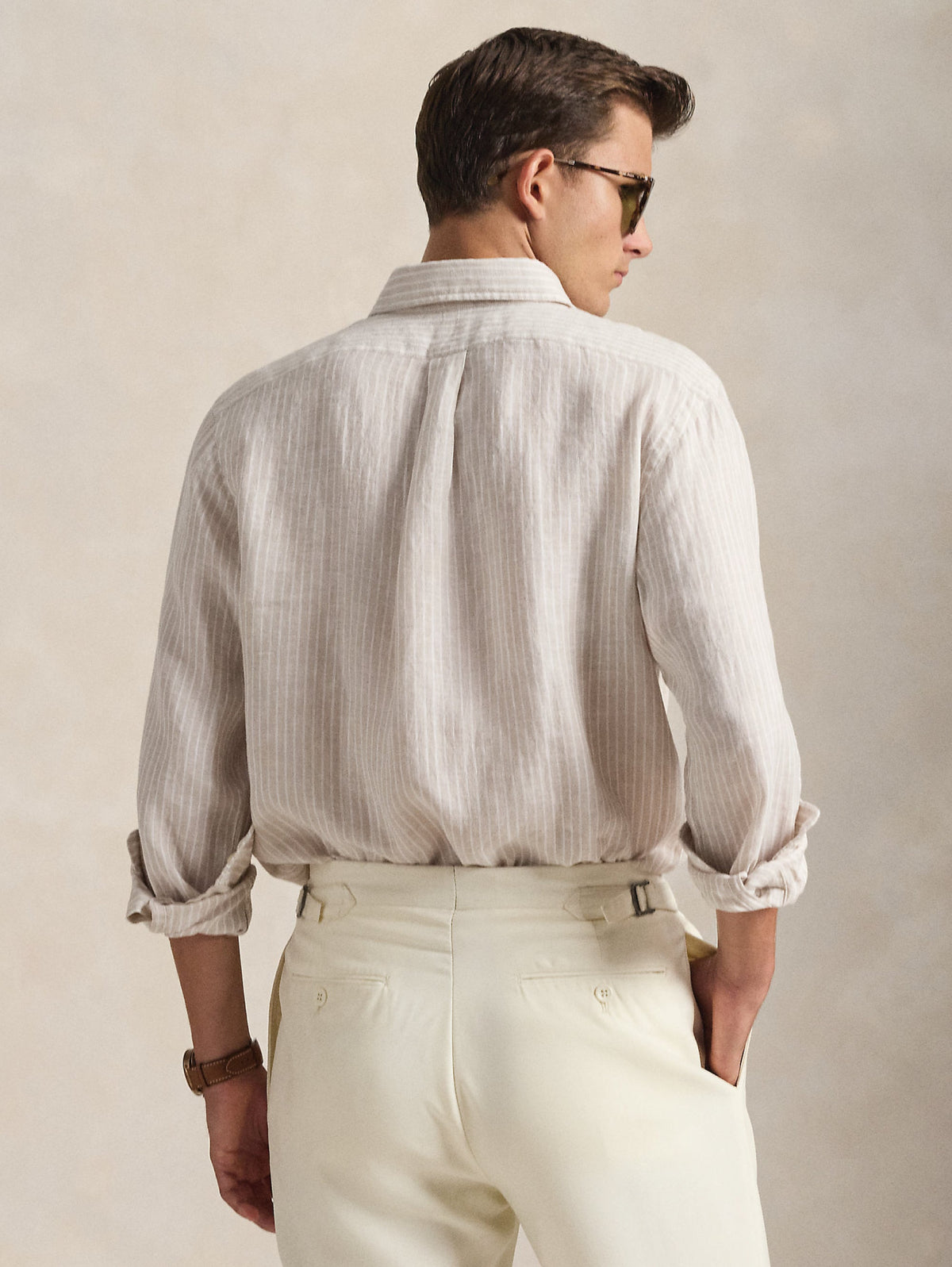 2026 New Arrival Camicia in Lino Custom Fit a Righe Beige/Bianco