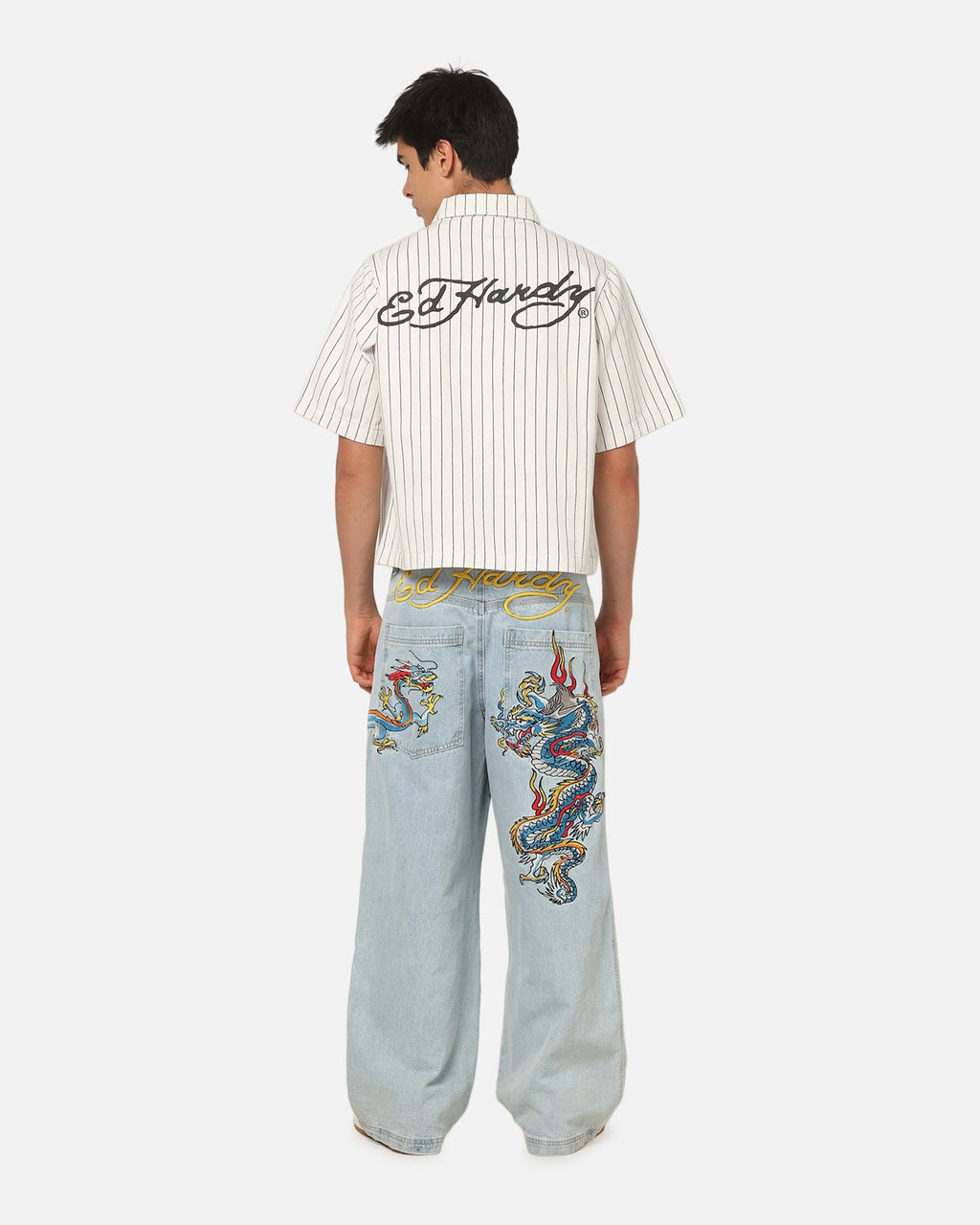 New Products Ed Hardy Euro Short Sleeve Button Up Shirt White Pinstripe
