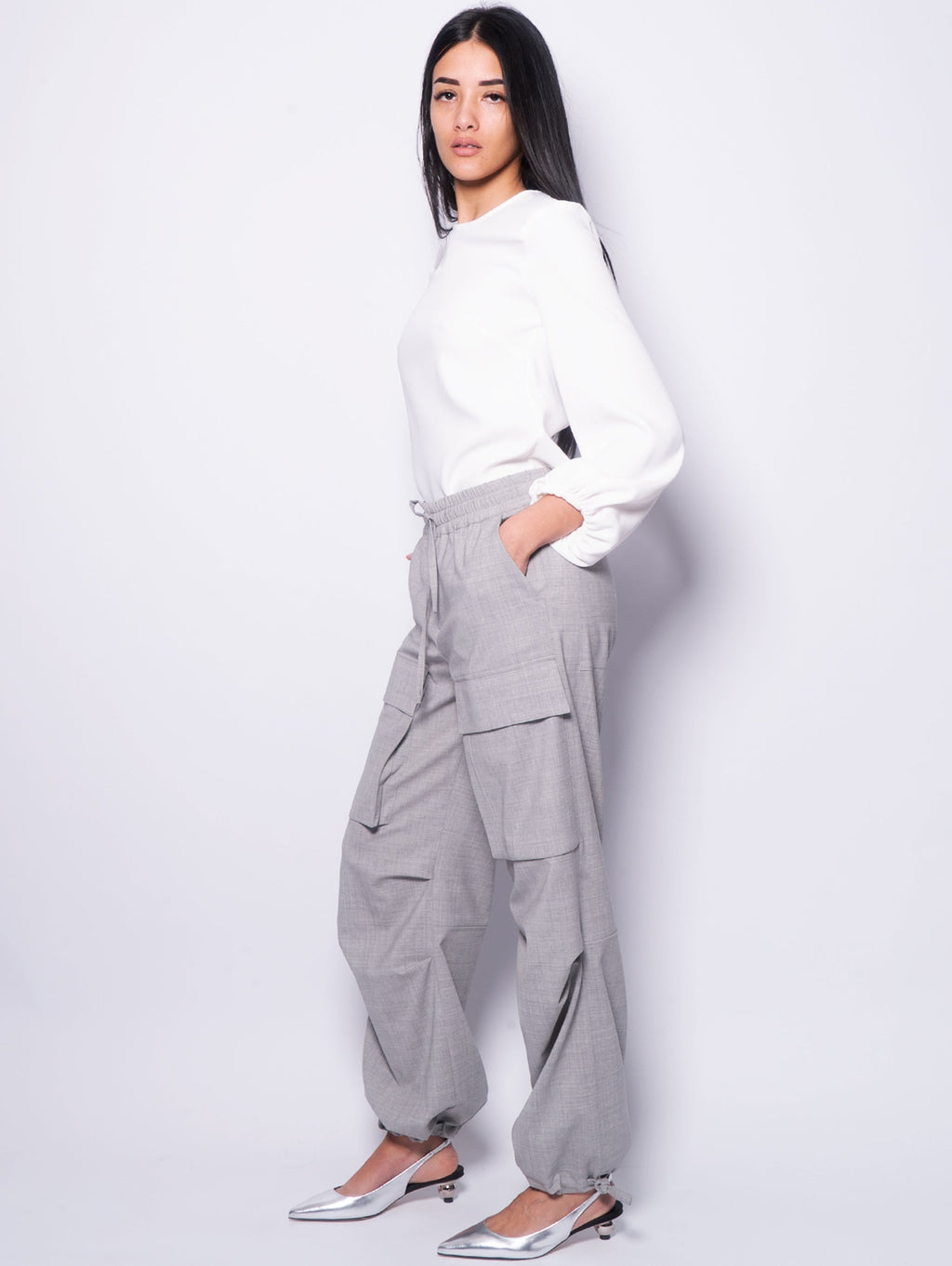 2026 New Arrival Pantaloni Parachute Grigio Mélange Chiaro