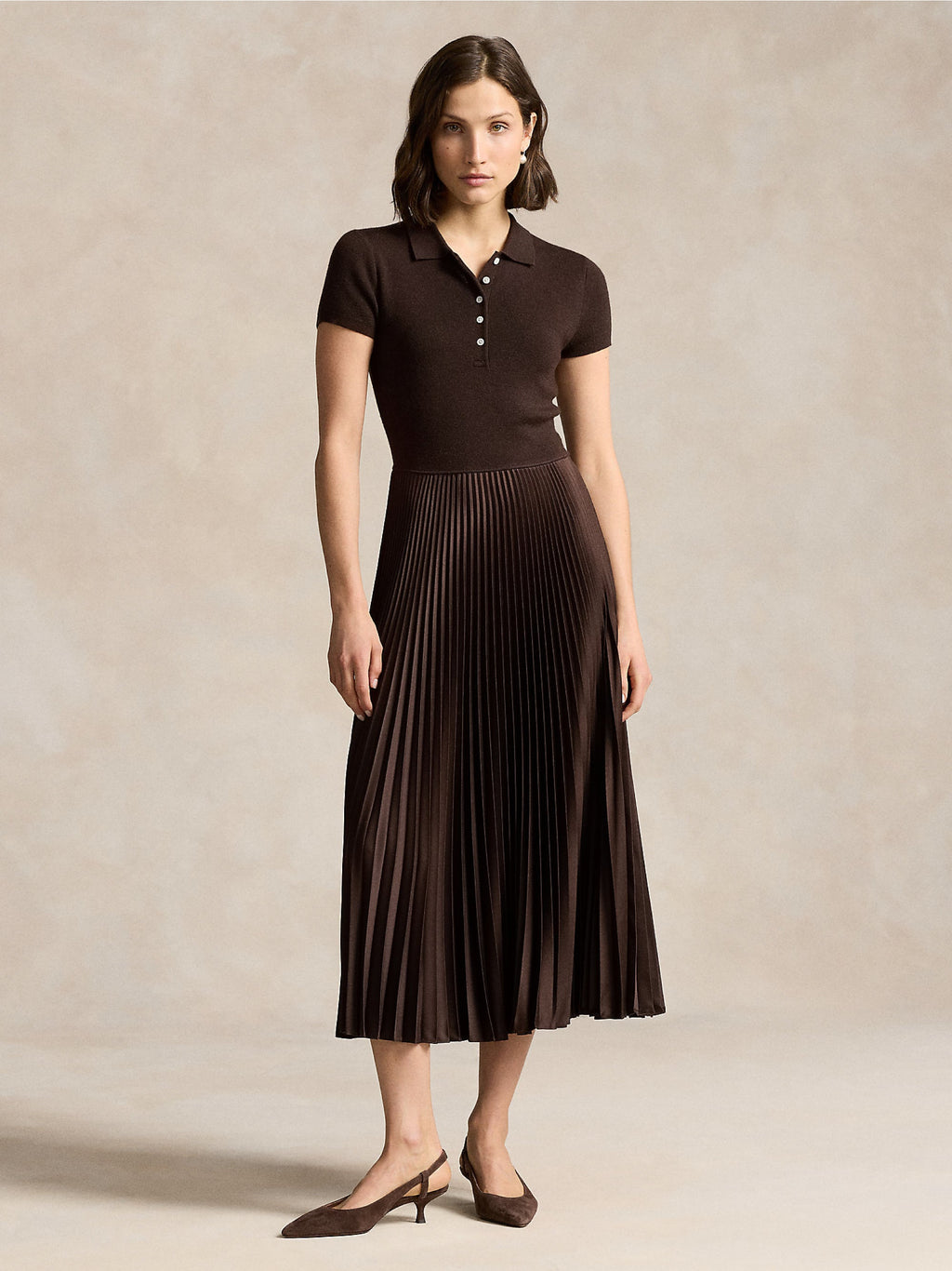 2026 New Arrival Abito in Maglia con Gonna Plissé Marrone