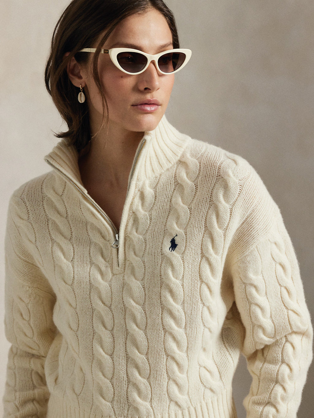 2026 New Arrival Maglia a Trecce in Lana con Mezza Zip Crema