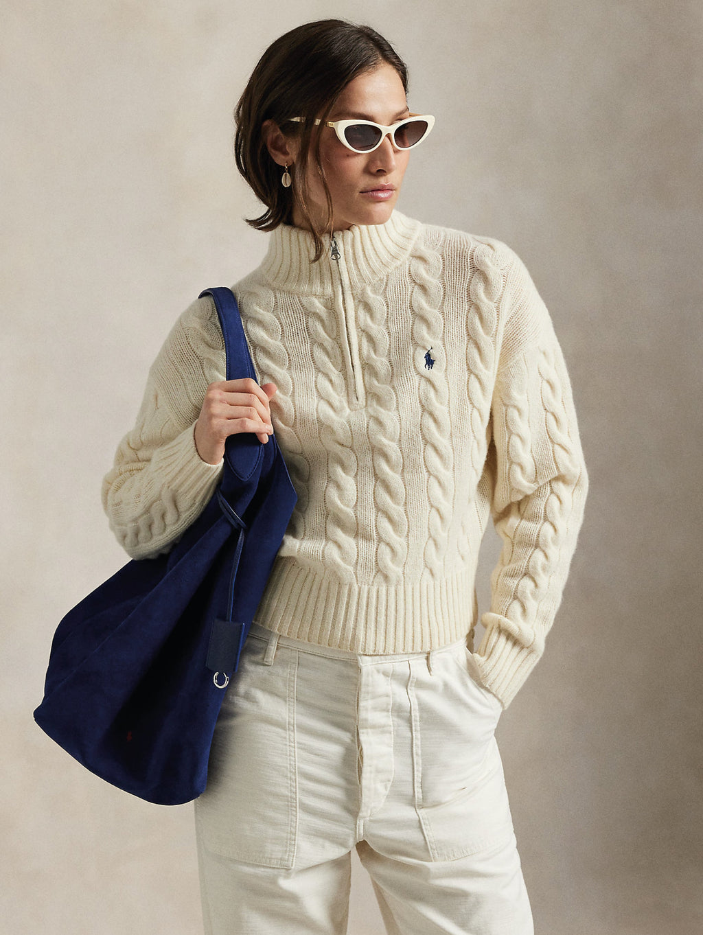2026 New Arrival Maglia a Trecce in Lana con Mezza Zip Crema