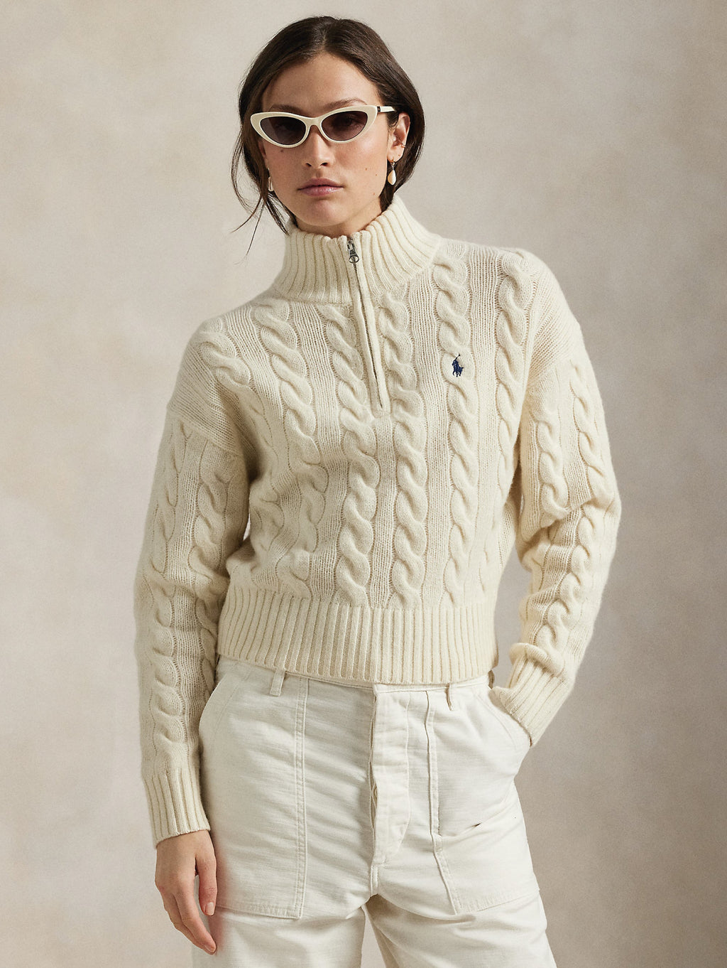 2026 New Arrival Maglia a Trecce in Lana con Mezza Zip Crema