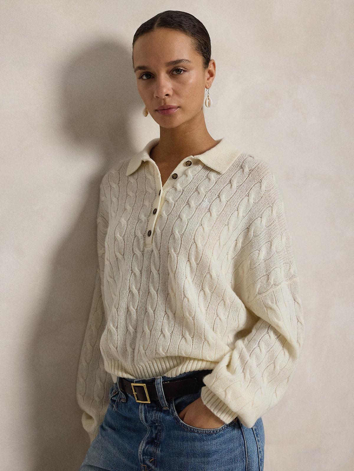 2026 New Arrival Maglia in Lana a Trecce con collo Polo Crema