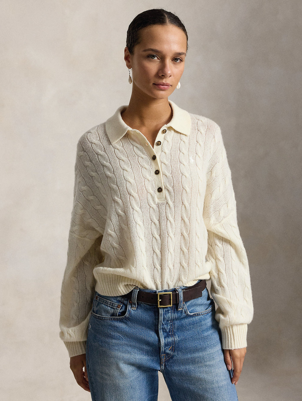 2026 New Arrival Maglia in Lana a Trecce con collo Polo Crema