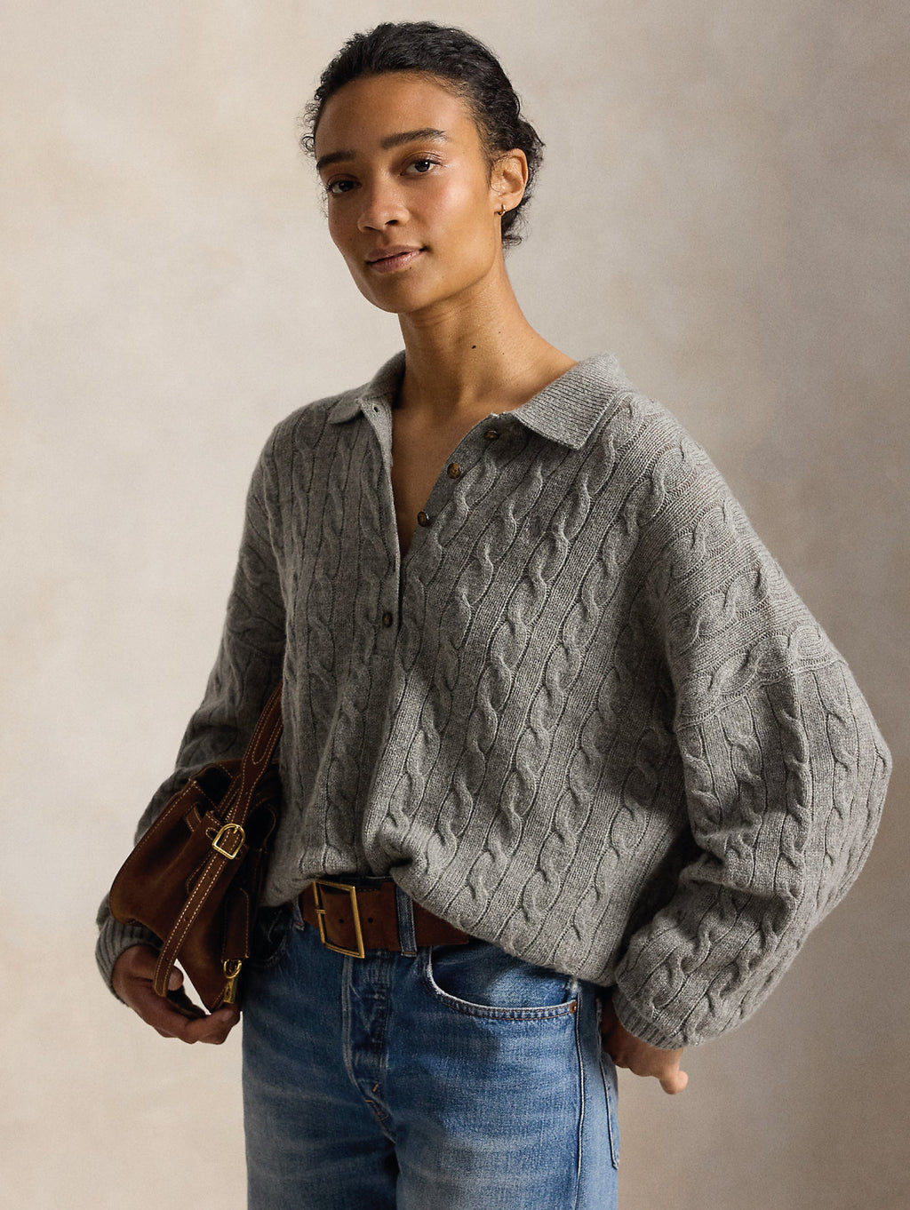 2026 New Arrival Maglia in Lana a Trecce con Collo Polo Grigio