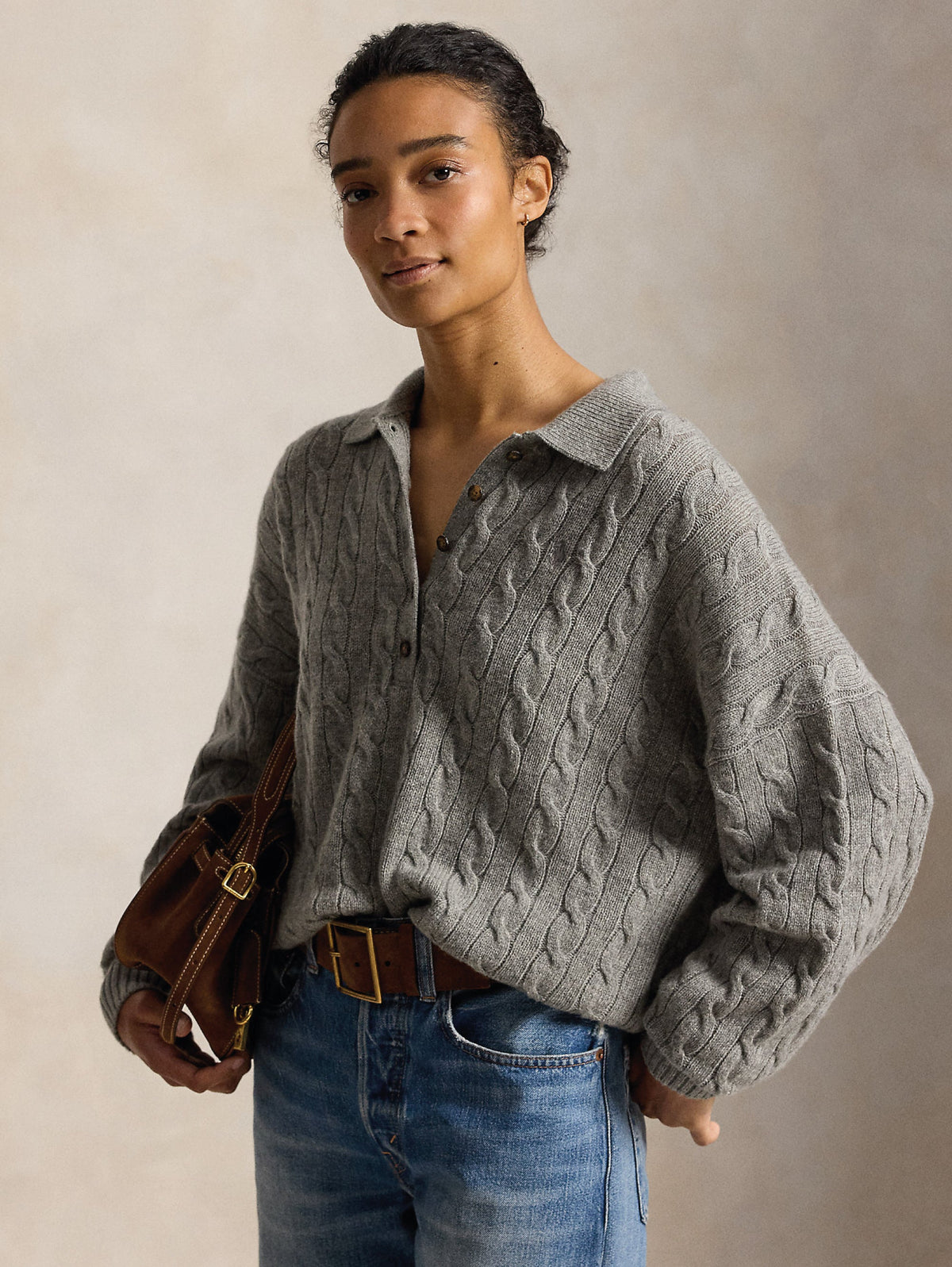 2026 New Arrival Maglia in Lana a Trecce con Collo Polo Grigio