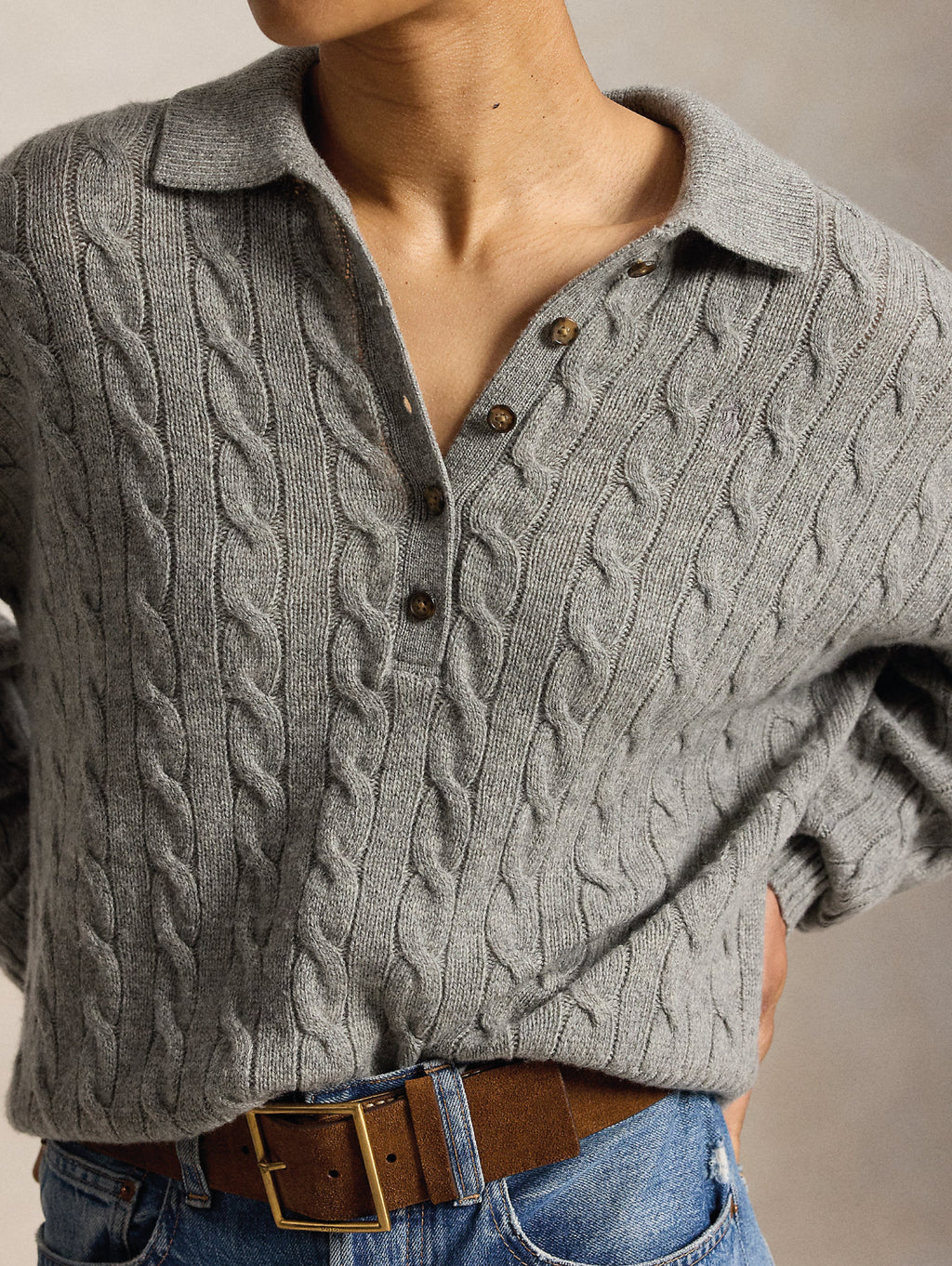 2026 New Arrival Maglia in Lana a Trecce con Collo Polo Grigio