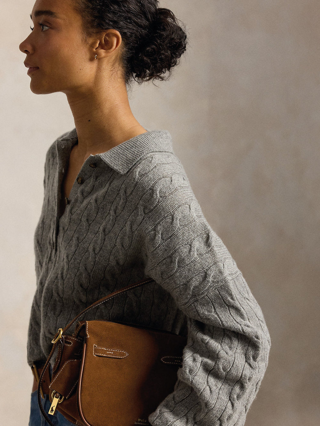 2026 New Arrival Maglia in Lana a Trecce con Collo Polo Grigio